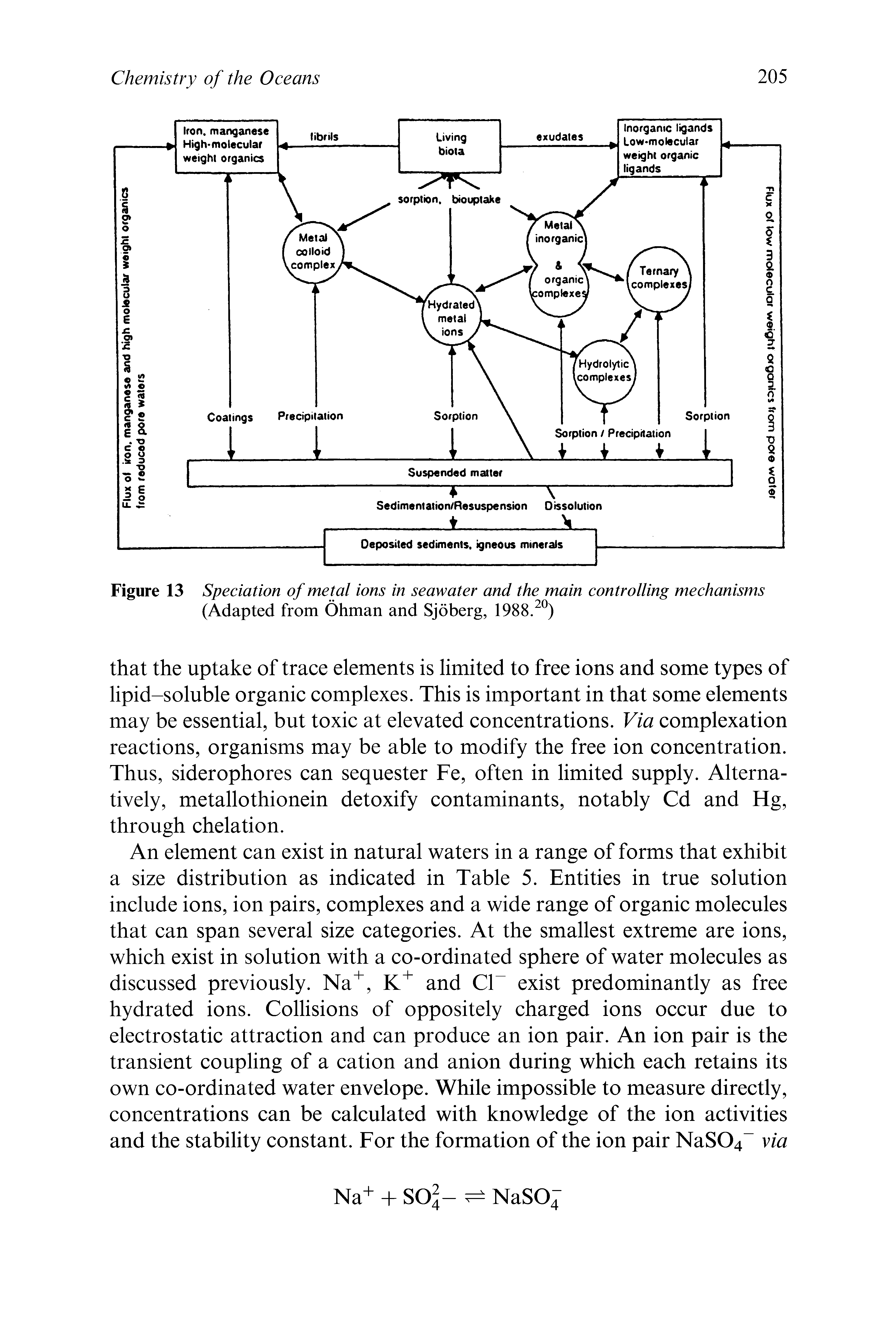 Figure 13 Speciation of metal ions in seawater and the main controlling mechanisms (Adapted from Ohman and Sjoberg, 1988. )...