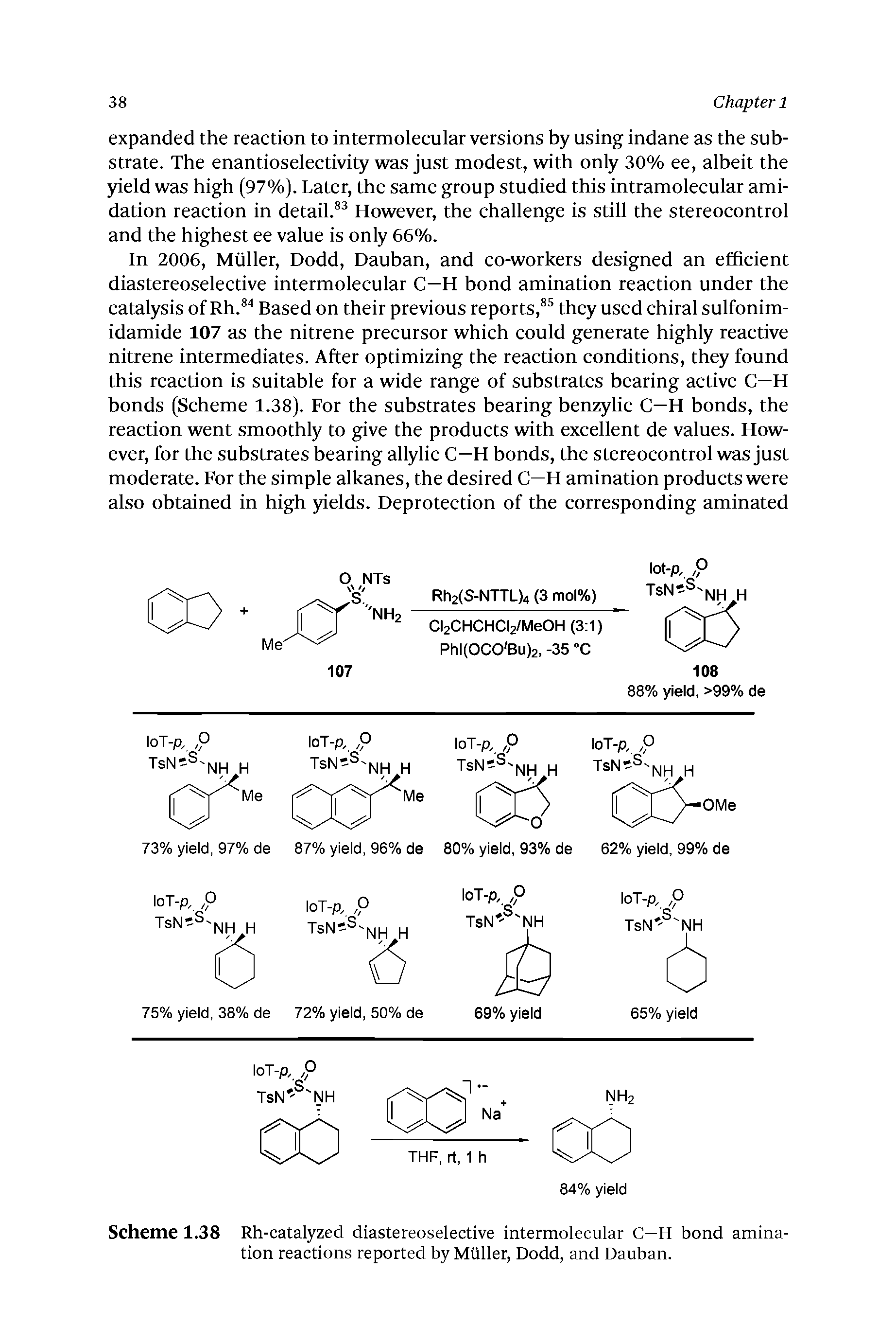 Scheme 1.38 Rh-catalyzed diastereoselective intermolecular C—H bond amination reactions reported by MUller, Dodd, and Dauban.