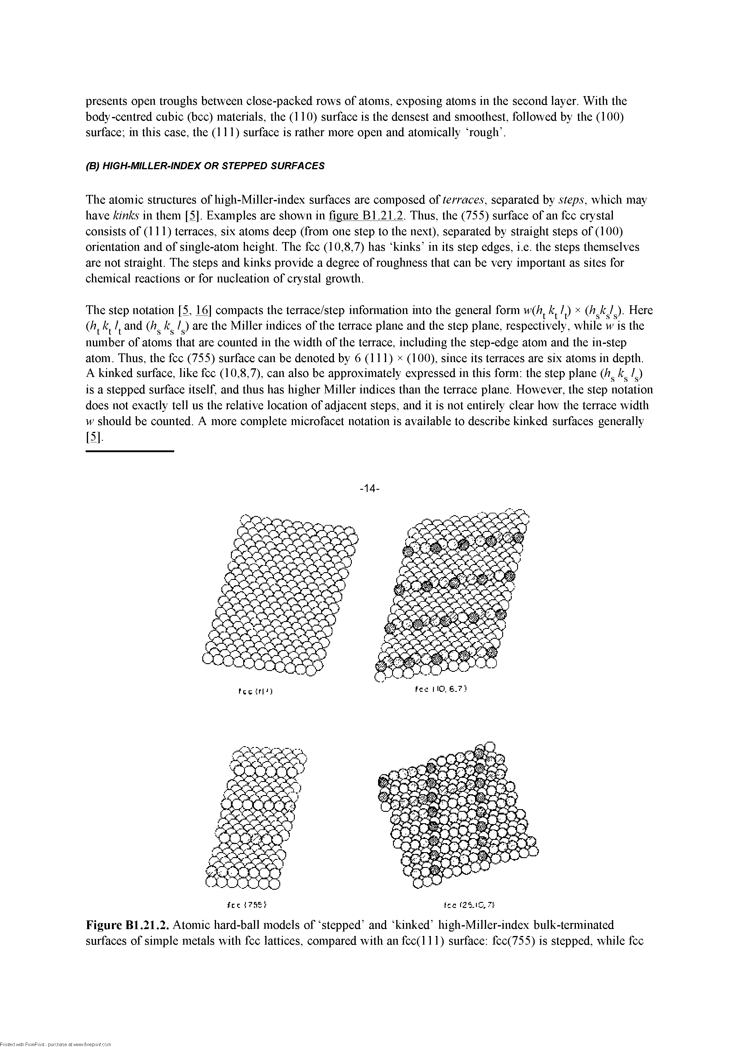 Figure Bl.21.2. Atomic hard-ball models of stepped and kinked high-Miller-index bulk-temiinated surfaces of simple metals with fee lattices, compared with anfcc(l 11) surface fcc(755) is stepped, while fee...