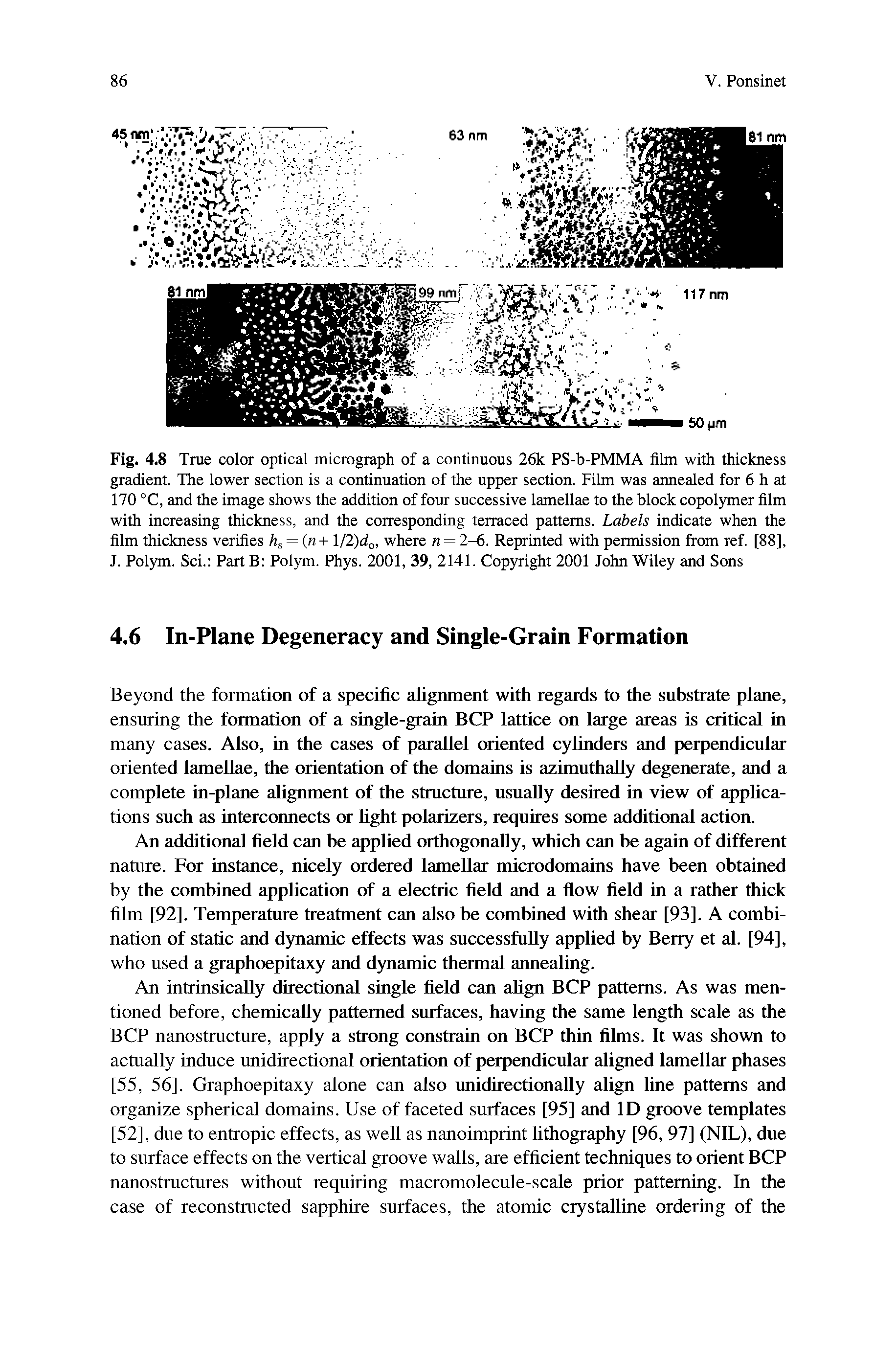 Fig. 4.8 True color optical micrograph of a continuous 26k PS-b-PMMA film with thickness gradient. The lower section is a continuation of the upper section. Film was annealed for 6 h at 170 °C, and the image shows the addition of four successive lamellae to the block copolymer film with increasing thickness, and the corresponding terraced patterns. Labels indicate when the film thickness verifies hs = n+ ll2)do, where n = 2-6. Reprinted with permission from ref. [88], J. Polym. Sci. Part B Polym. Phys. 2001, 39, 2141. Copyright 2001 John Wiley and Sons...