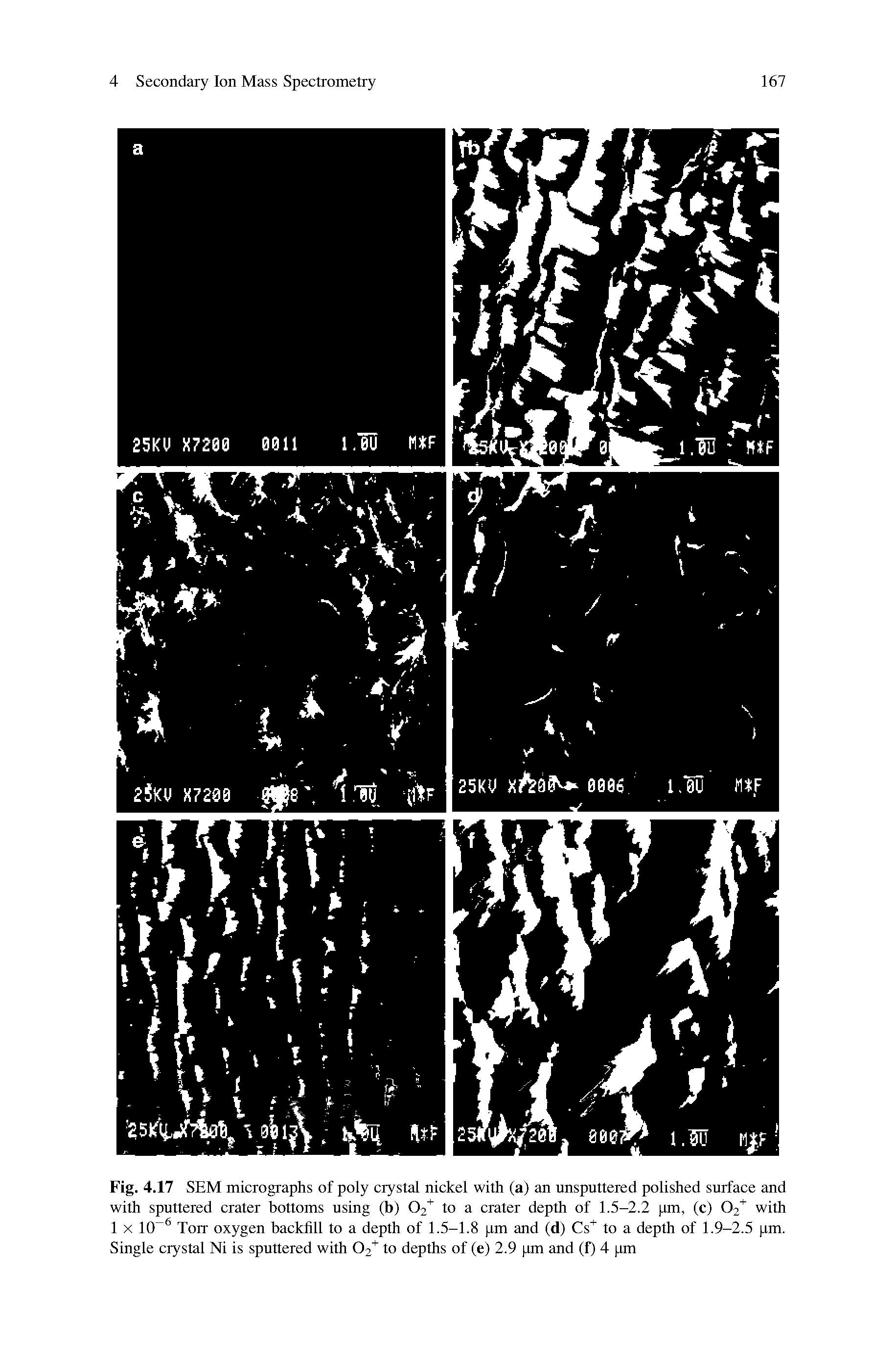 Fig. 4.17 SEM micrographs of poly crystal nickel with (a) an unsputtered polished surface and with sputtered crater bottoms using (b) O2 to a crater depth of 1.5-2.2 pm, (c) O2 with 1 X 10 Torr oxygen backfill to a depth of 1.5-1.8 pm and (d) Cs to a depth of 1.9-2.5 pm. Single crystal Ni is sputtered with O2 to depths of (e) 2.9 pm and (f) 4 pm...