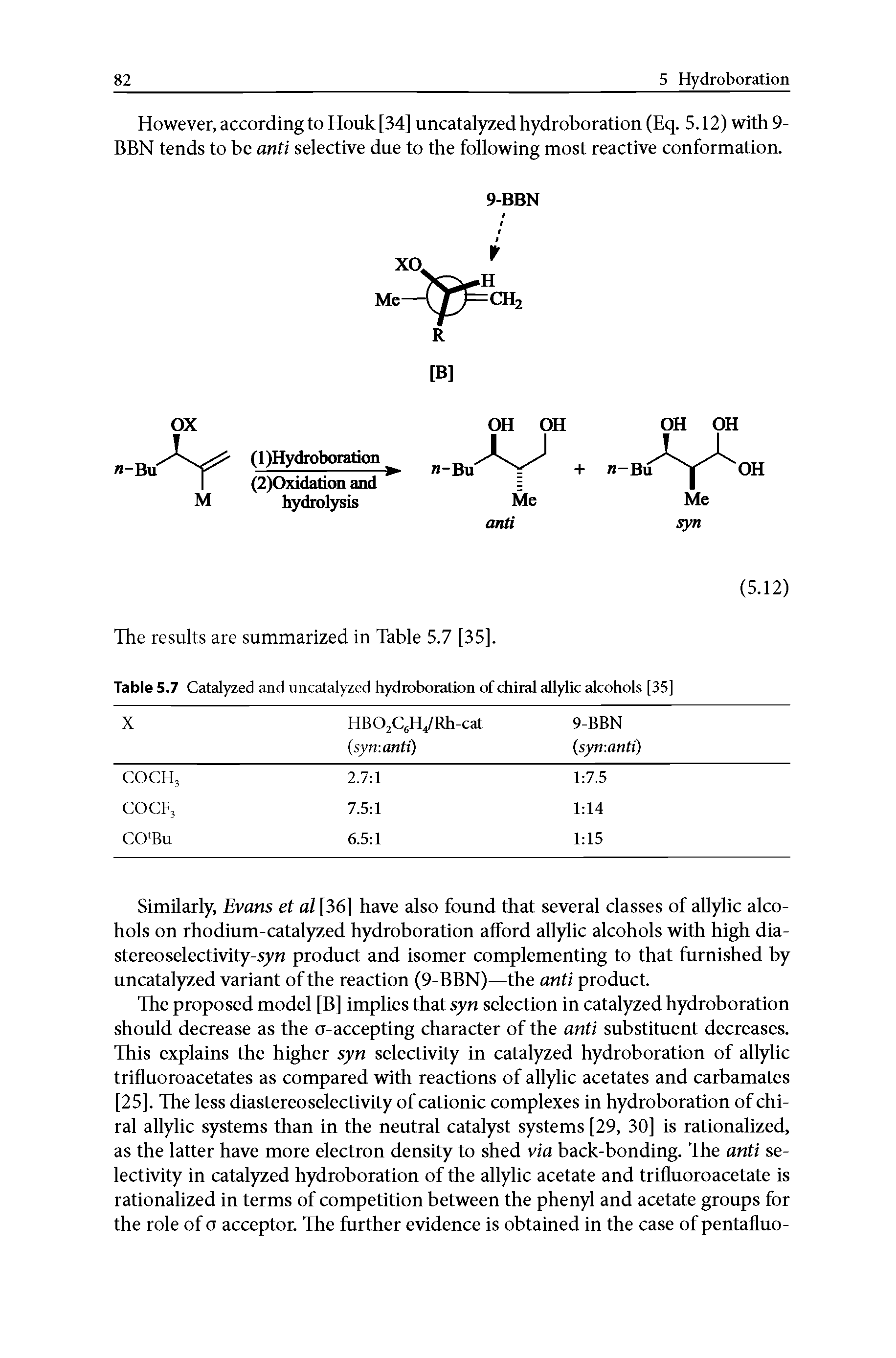 Table 5.7 Catalyzed and uncatalyzed hydroboration of chiral allylic alcohols [35]...