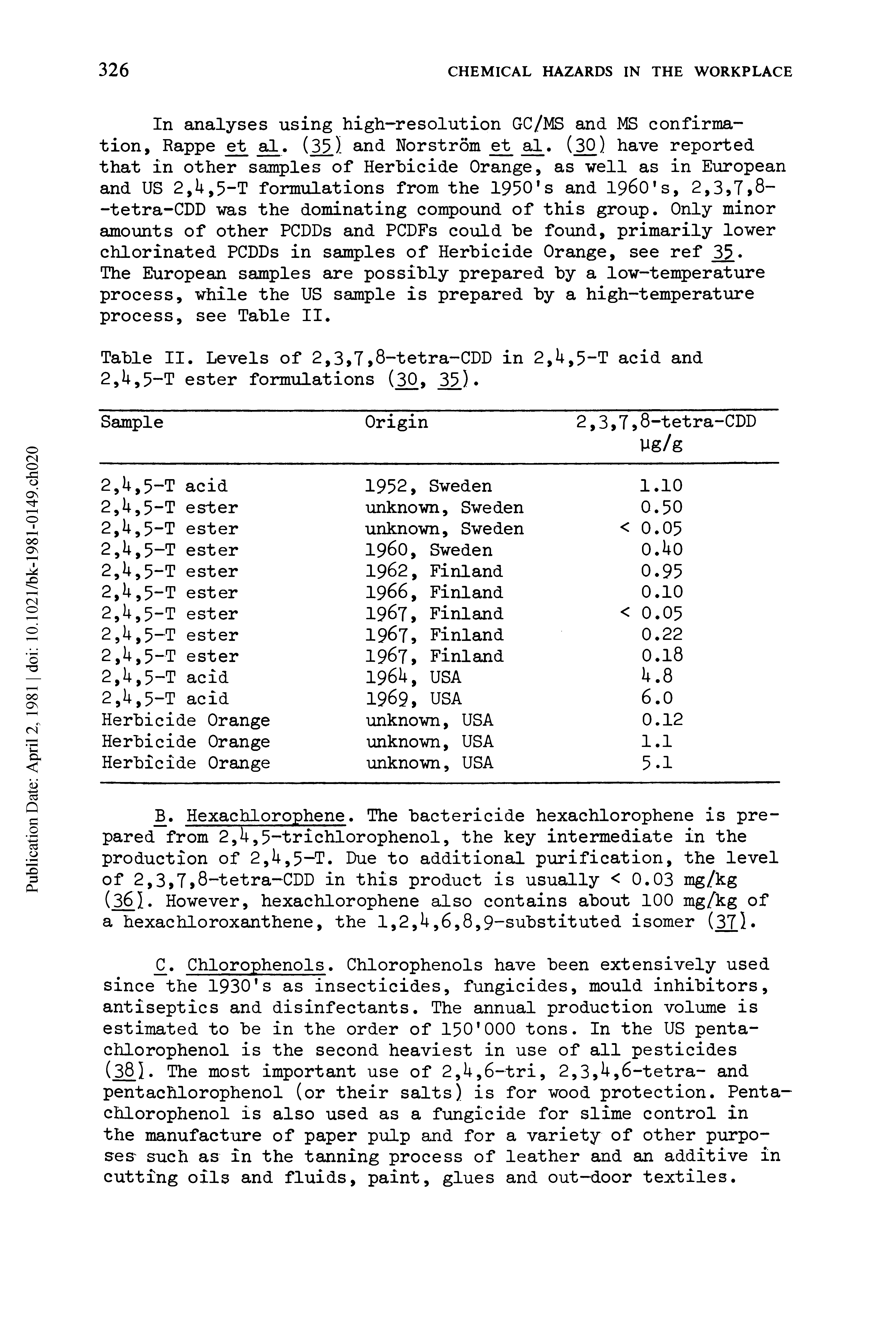 Table II. Levels of 2,3,7,8-tetra-CDD in 2,U,5-T acid and 2,U,5-T ester formulations (30, 35).