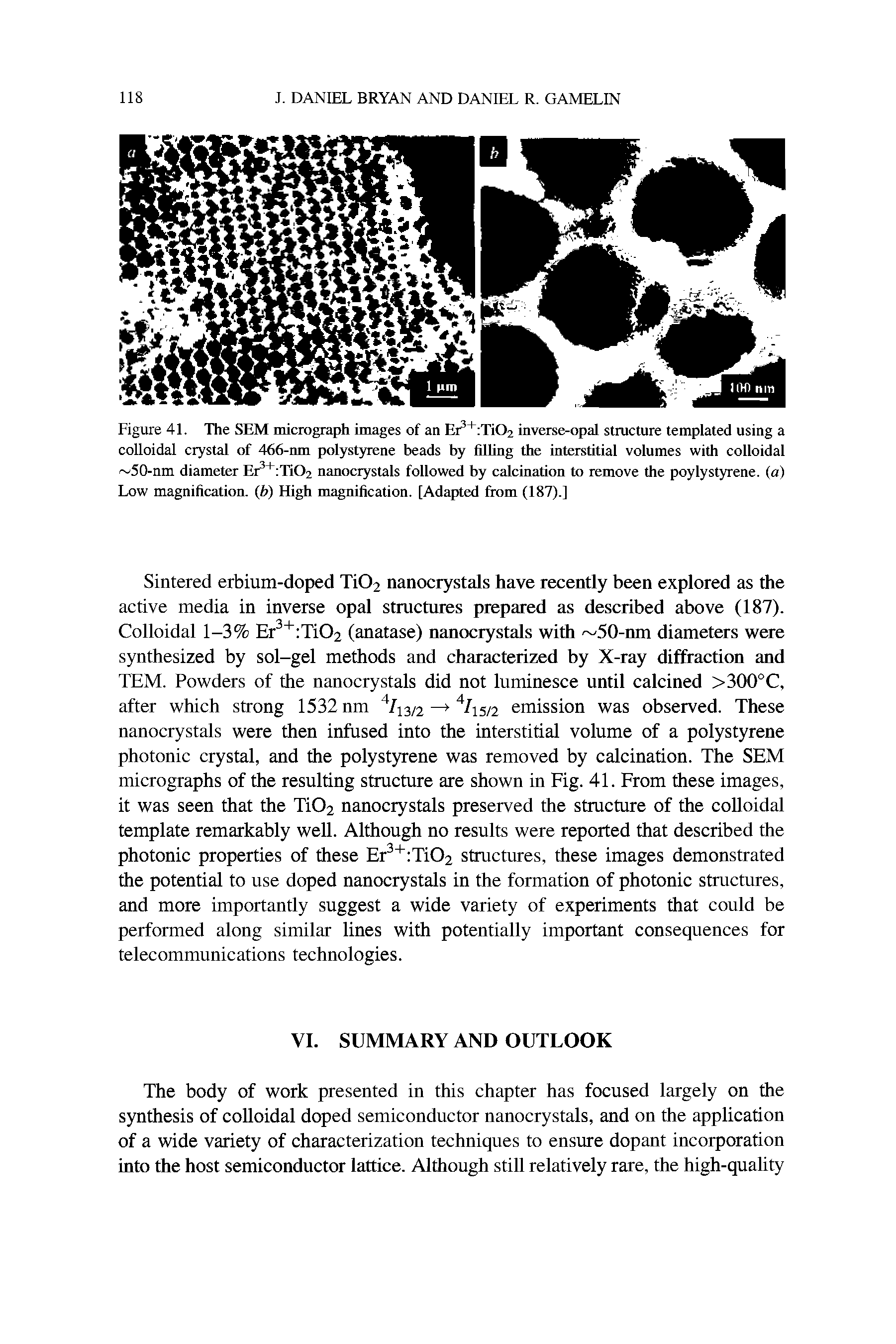 Figure 41. The SEM micrograph images of an Er 1 Ti()2 inverse-opal structure templated using a colloidal crystal of 466-nm polystyrene beads by filling the interstitial volumes with colloidal 50-nm diameter Lr 1 Ti()2 nanocrystals followed by calcination to remove the poylystyrene. (a) Low magnification. (b) High magnification. [Adapted from (187).]...