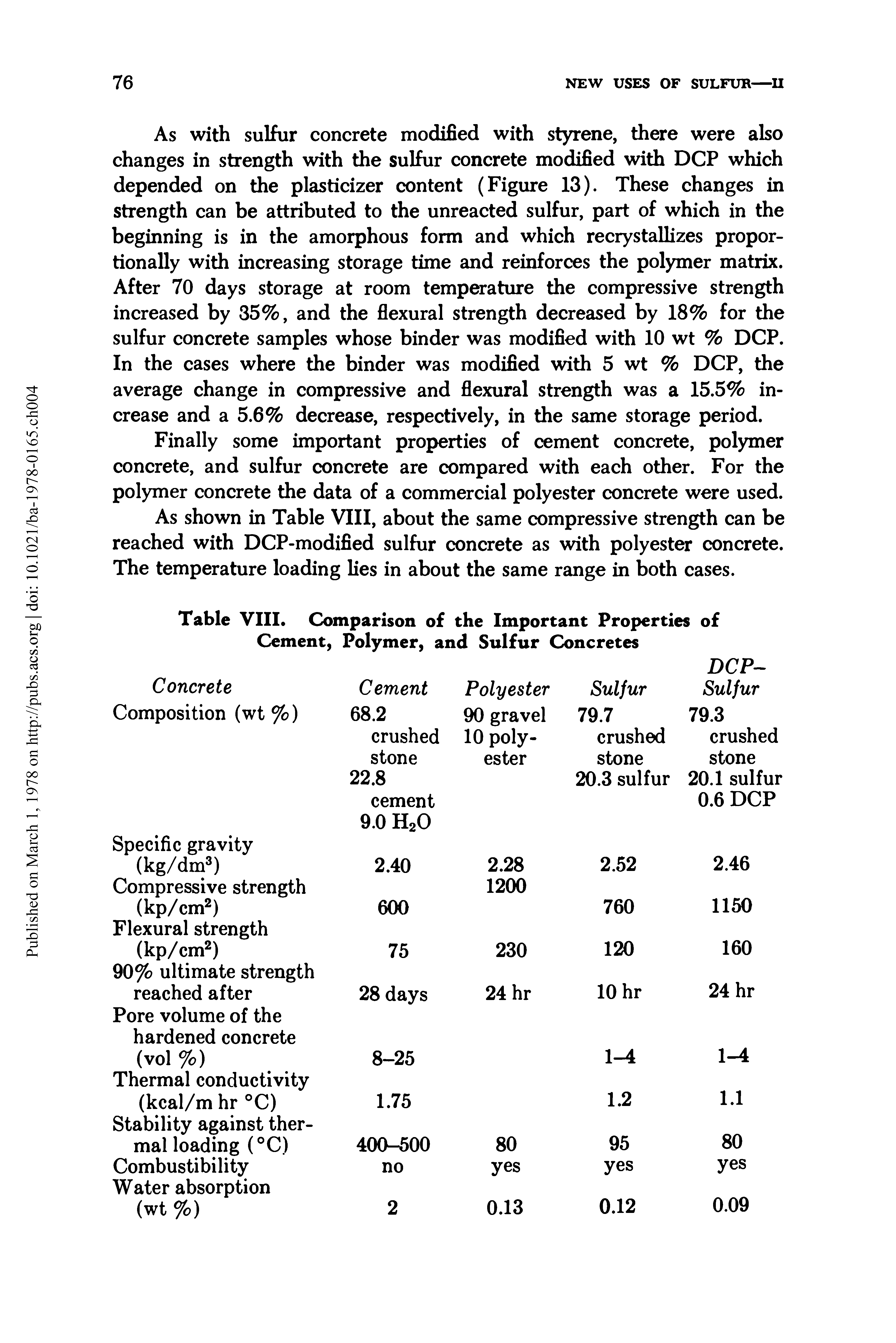 Table VIII. Comparison of the Important Properties of Cement, Polymer, and Sulfur Concretes...