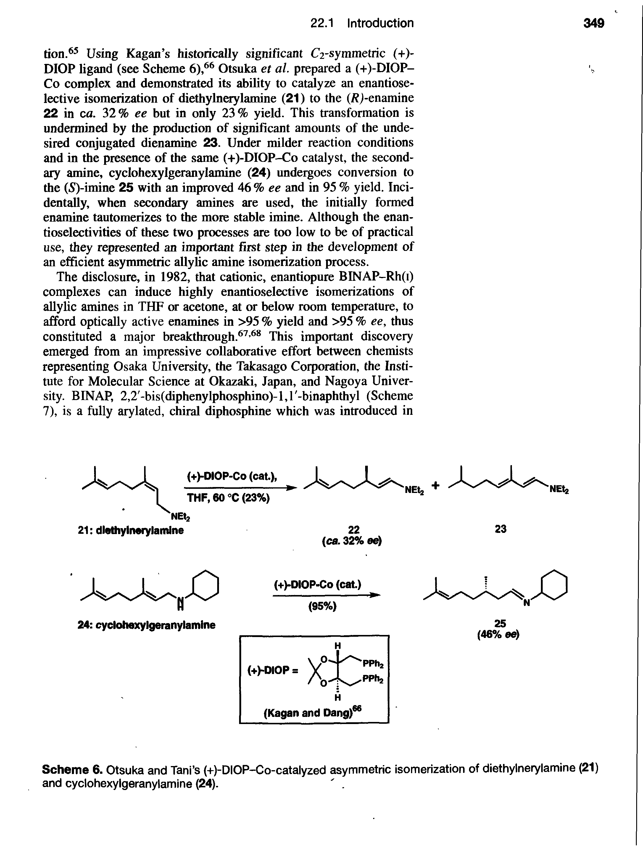 Scheme 6. Otsuka and Tani s (+)-DIOP-Co-catalyzed asymmetric isomerization of diethylnerylamine (21) and cyclohexylgeranylamine (24).. ...