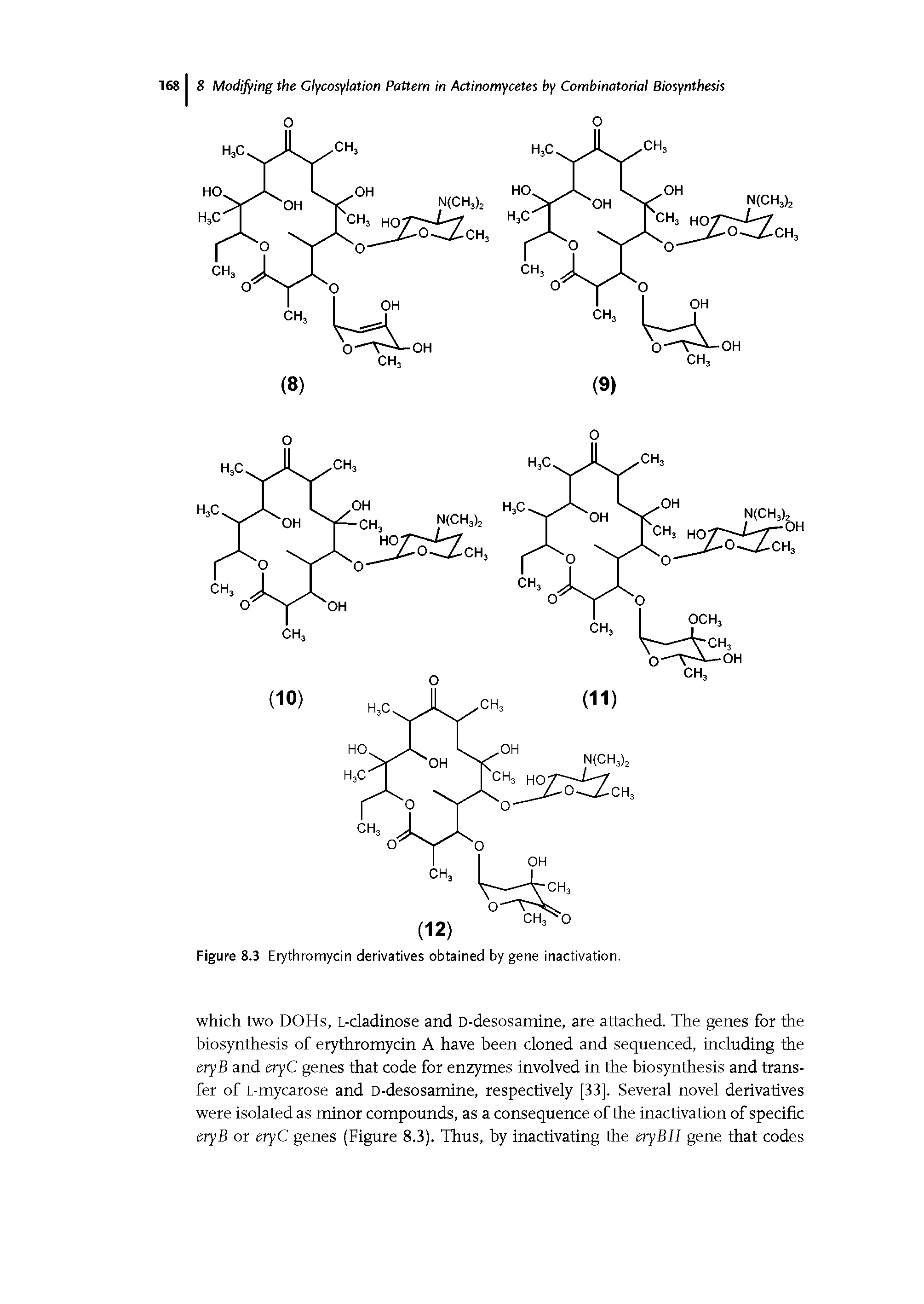 Figure 8.3 Erythromycin derivatives obtained by gene inactivation.