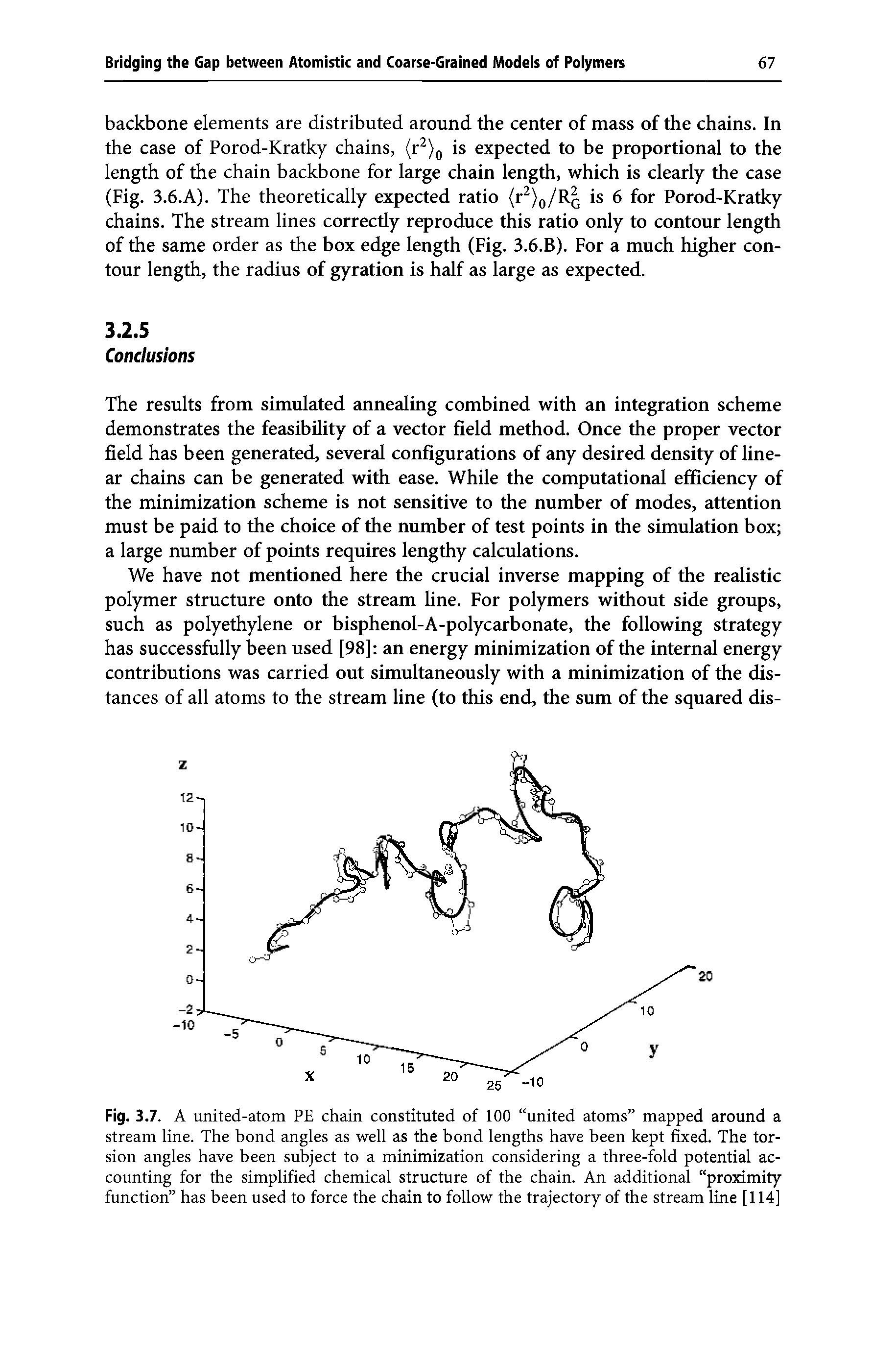 Fig. 3.7. A united-atom PE chain constituted of 100 united atoms mapped around a stream line. The bond angles as well as the bond lengths have been kept fixed. The torsion angles have been subject to a minimization considering a three-fold potential accounting for the simplified chemical structure of the chain. An additional proximity function has been used to force the chain to follow the trajectory of the stream line [114]...