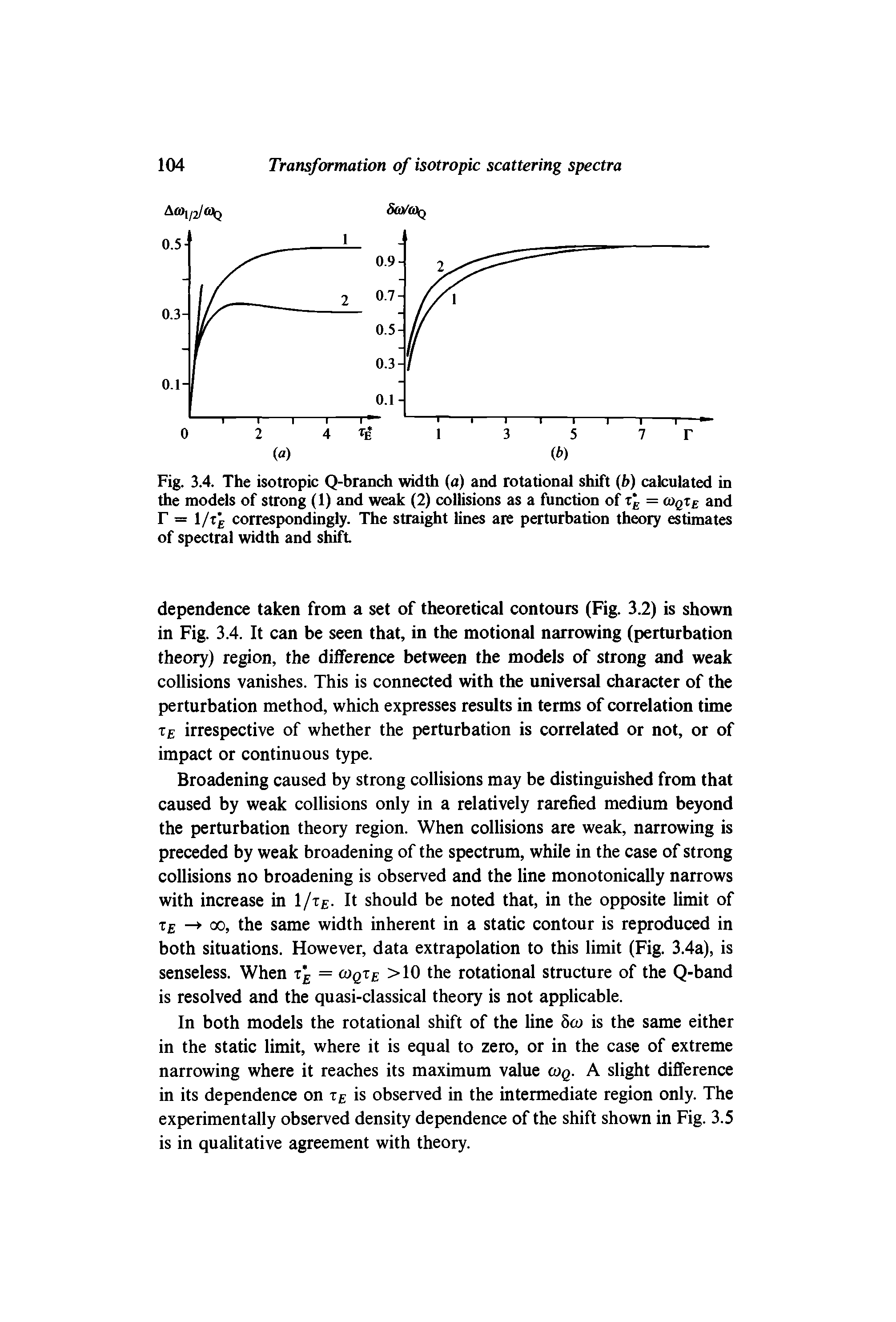 Fig. 3.4. The isotropic Q-branch width (a) and rotational shift (b) calculated in the models of strong (1) and weak (2) collisions as a function of r E = ojqte and T = 1/tj correspondingly. The straight lines are perturbation theory estimates of spectral width and shift...