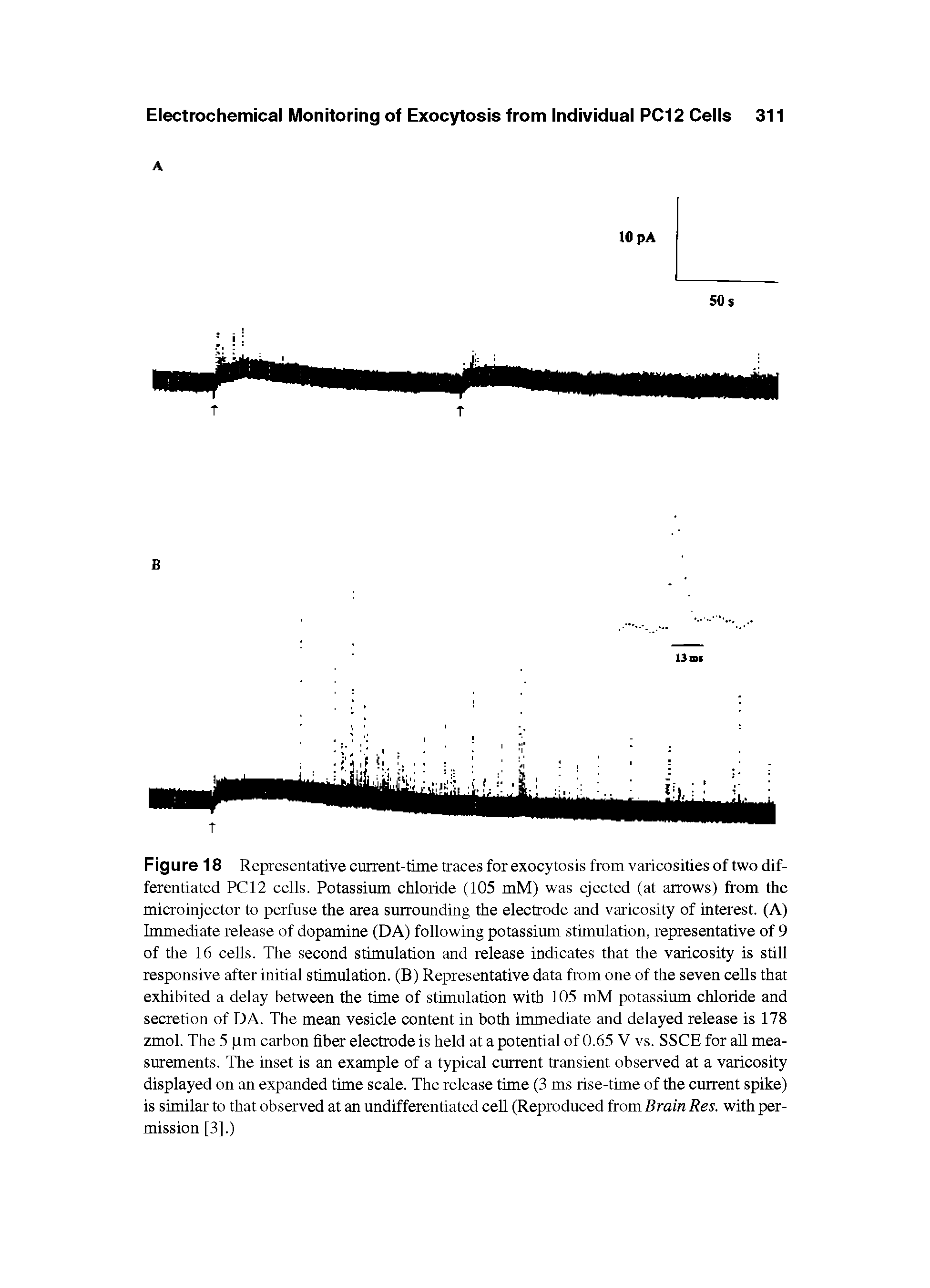 Figure 18 Representative current-time traces for exocytosis from varicosities of two differentiated PC12 cells. Potassium chloride (105 mM) was ejected (at arrows) from the microinjector to perfuse the area surrounding the electrode and varicosity of interest. (A) Immediate release of dopamine (DA) following potassium stimulation, representative of 9 of the 16 cells. The second stimulation and release indicates that the varicosity is stiU responsive after initial stimulation. (B) Representative data from one of the seven cells that exhibited a delay between the time of stimulation with 105 mM potassium chloride and secretion of DA. The mean vesicle content in both immediate and delayed release is 178 zmol. The 5 pm carbon fiber electrode is held at a potential of 0.65 V vs. SSCE for aU measurements. The inset is an example of a typical current transient observed at a varicosity displayed on an expanded time scale. The release time (3 ms rise-time of the current spike) is similar to that observed at an undifferentiated cell (Reproduced from Brain Res. with permission [3].)...