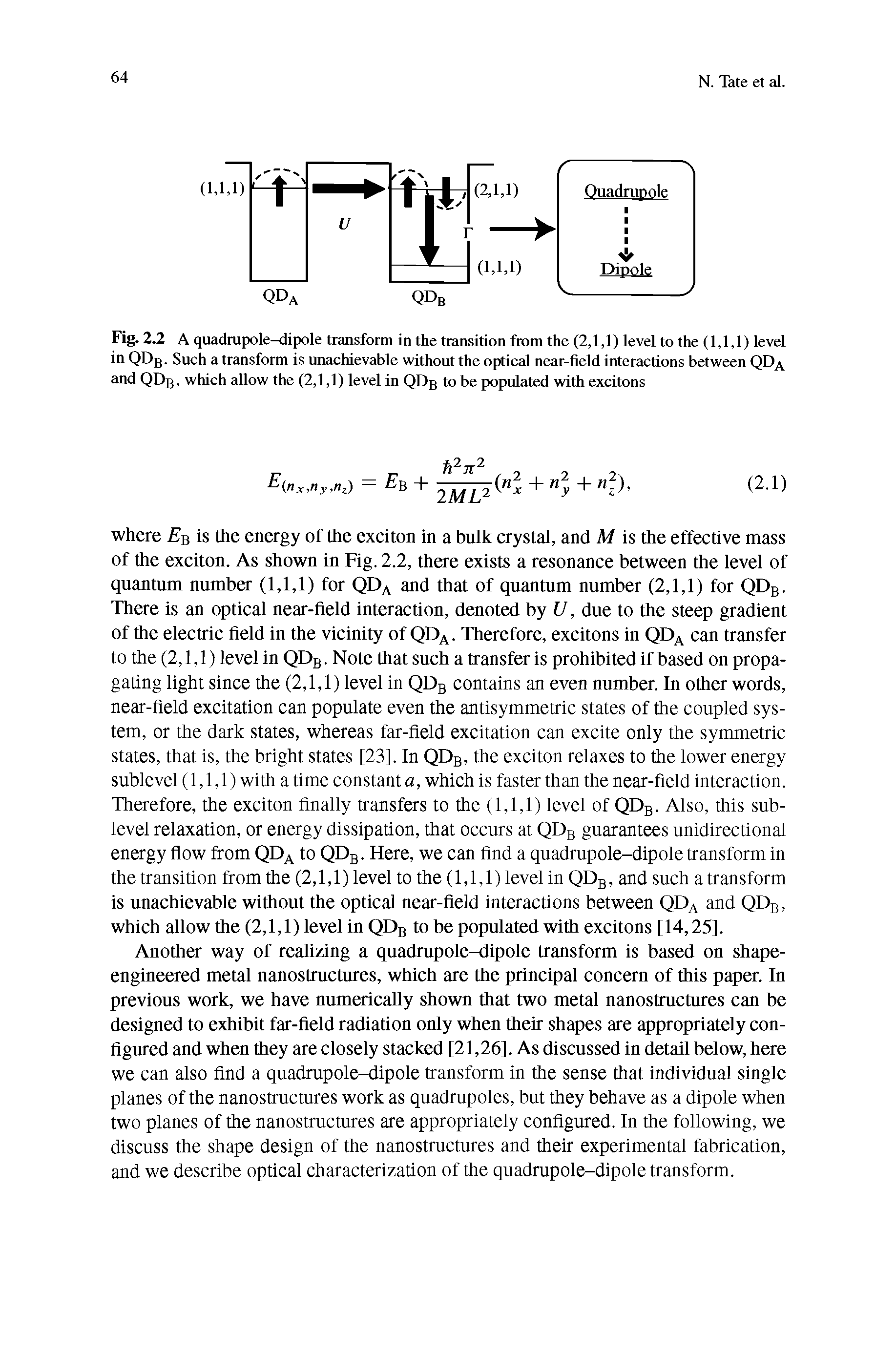 Fig. 2.2 A quadrupole-dipole transform in the transition from the (2,1,1) level to the (1,1,1) level in QDb- Such a transform is unachievable without the optical near-field interactions between QDa and QDb, which allow the (2,1,1) level in QDb to be populated with excitons...