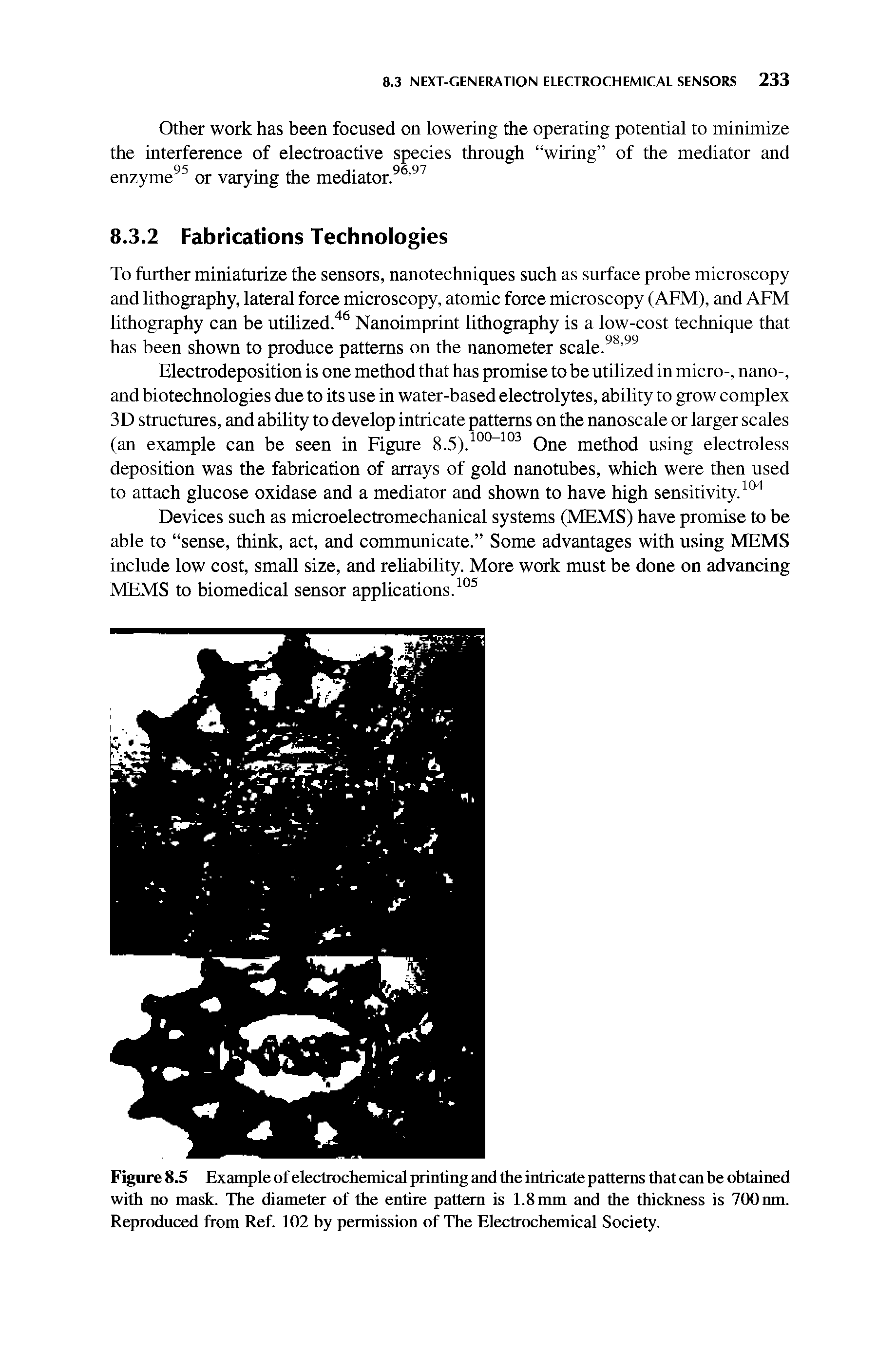 Figure 8.5 Example of electrochemical printing and the intricate patterns that can be obtained with no mask. The diameter of the entire pattern is 1.8 mm and the thickness is 700 nm. Reproduced from Ref. 102 by permission of The Electrochemical Society.