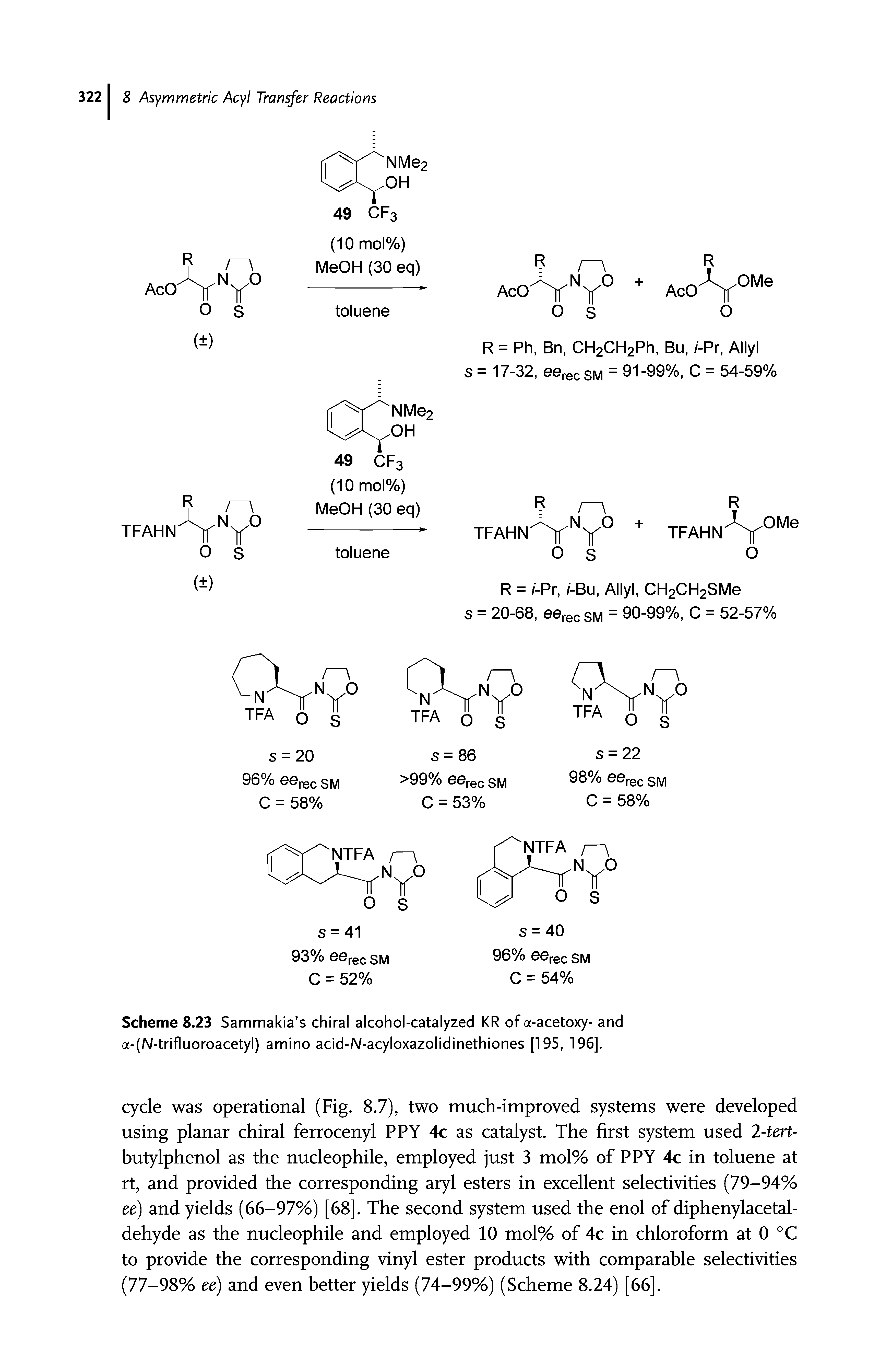 Scheme 8.23 Sammakia s chiral alcohol-catalyzed KR of a-acetoxy- and a-(/V-trifluoroacetyl) amino acid-N-acyloxazolidinethiones [195, 196].