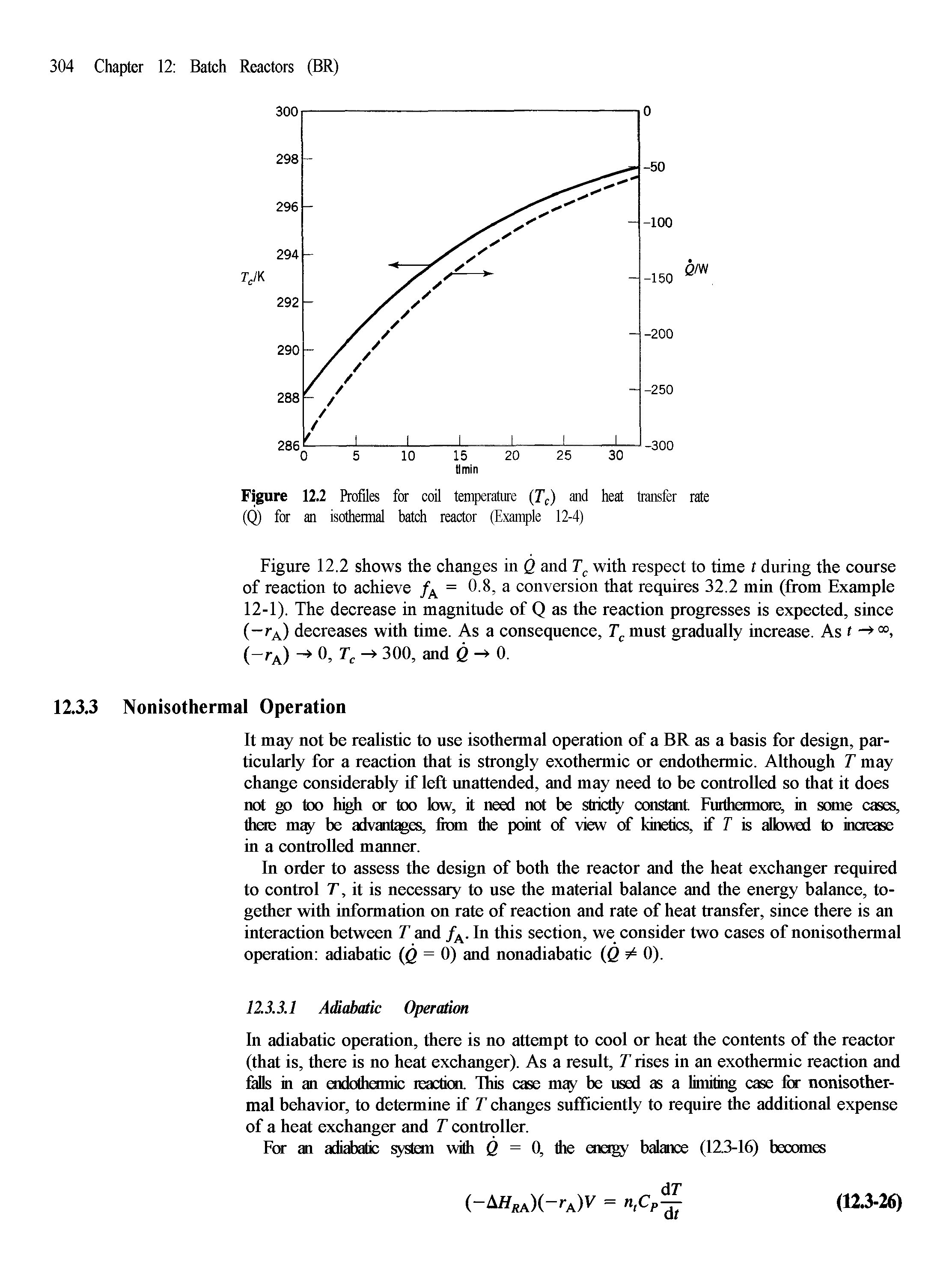 Figure 12.2 Profiles for coil temperature (Tc) and heat transfer rate (Q) for an isothermal batch reactor (Example 12-4)...