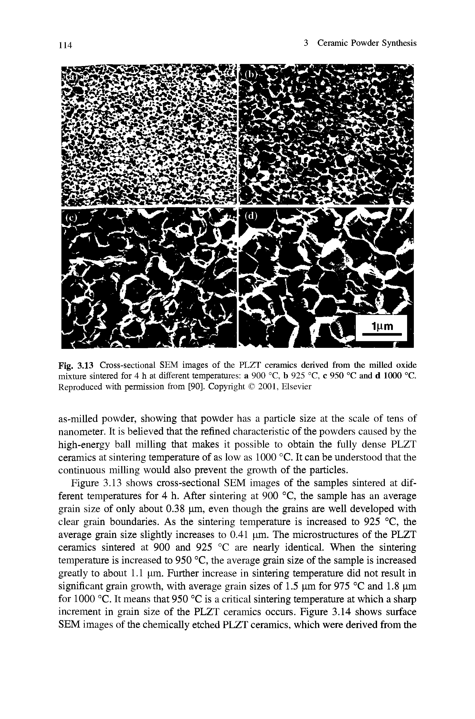 Fig. 3.13 Cross-sectional SEM images of the PLZT ceramics derived from the milled oxide mixture sintered for 4 h at different temperatures a 900 °C, b 925 °C, c 950 °C and d 1000 °C. Reproduced with permission from [90], Copyright 2001, Elsevier...