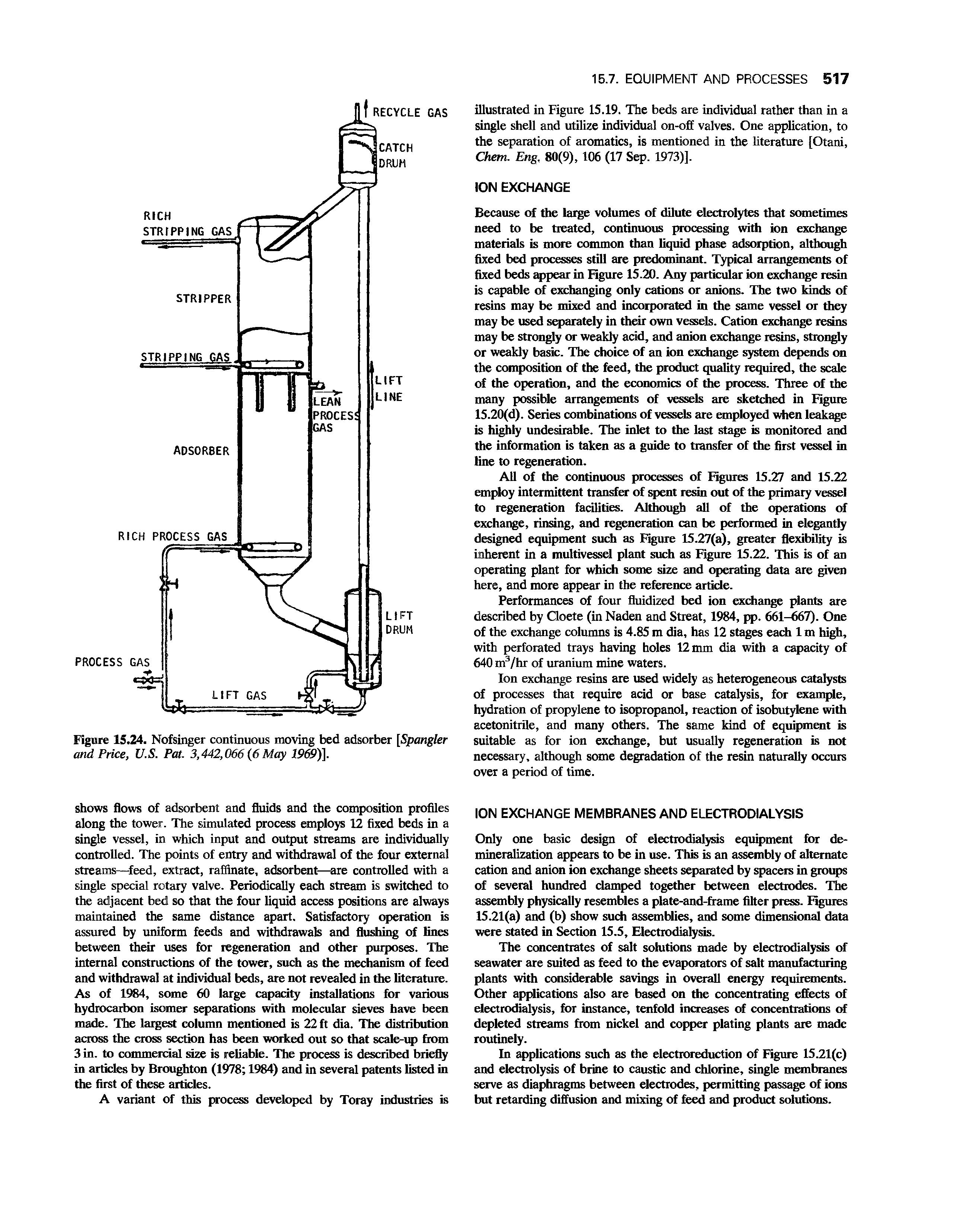 Figure 15.24. Nofsinger continuous moving bed adsorber [Spangler and Price, U.S. Pat. 3,442,066 (6 May 1969)].
