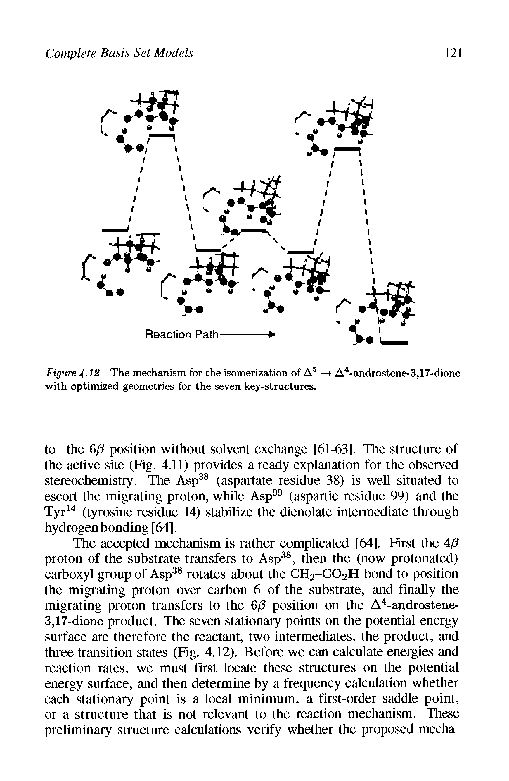 Figure 4-12 The mechanism for the isomerization of A5 — A4-androstene-3,17-dione with optimized geometries for the seven key-structures.