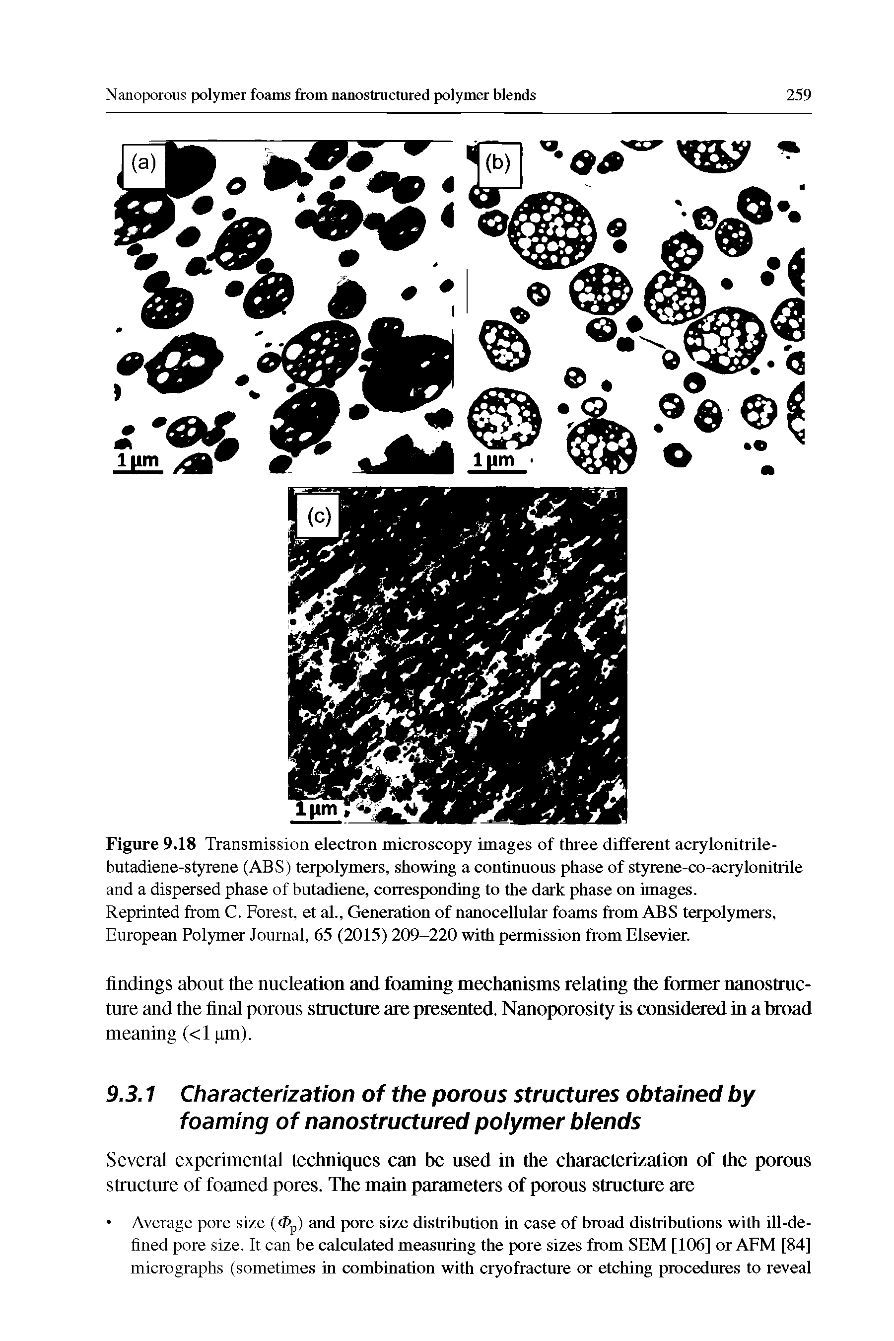 Figure 9.18 Transmission electron microscopy images of three different acrylonitrile-butadiene-styrene (ABS) terpolymers, showing a continuous phase of styrene-co-acrylonitrile and a dispersed phase of butadiene, corresponding to the dark phase on images.