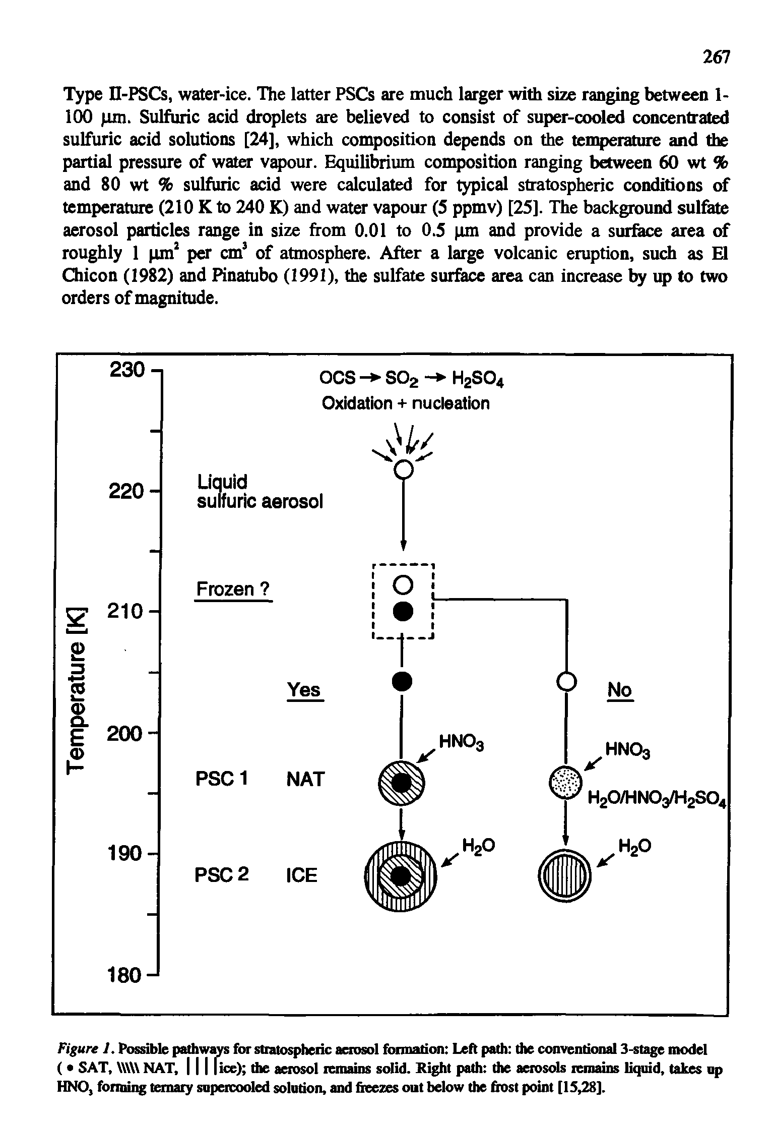 Figure J. Possible pathways for stratospheric aerosol formation Left path the conventional 3-stage model ( SAT, NAT, [ice) the aerosol remains solid. Right path the aerosols remains liquid, takes up HNOj forming ternary supercooled solution, and freezes out below the frost point [15,28].