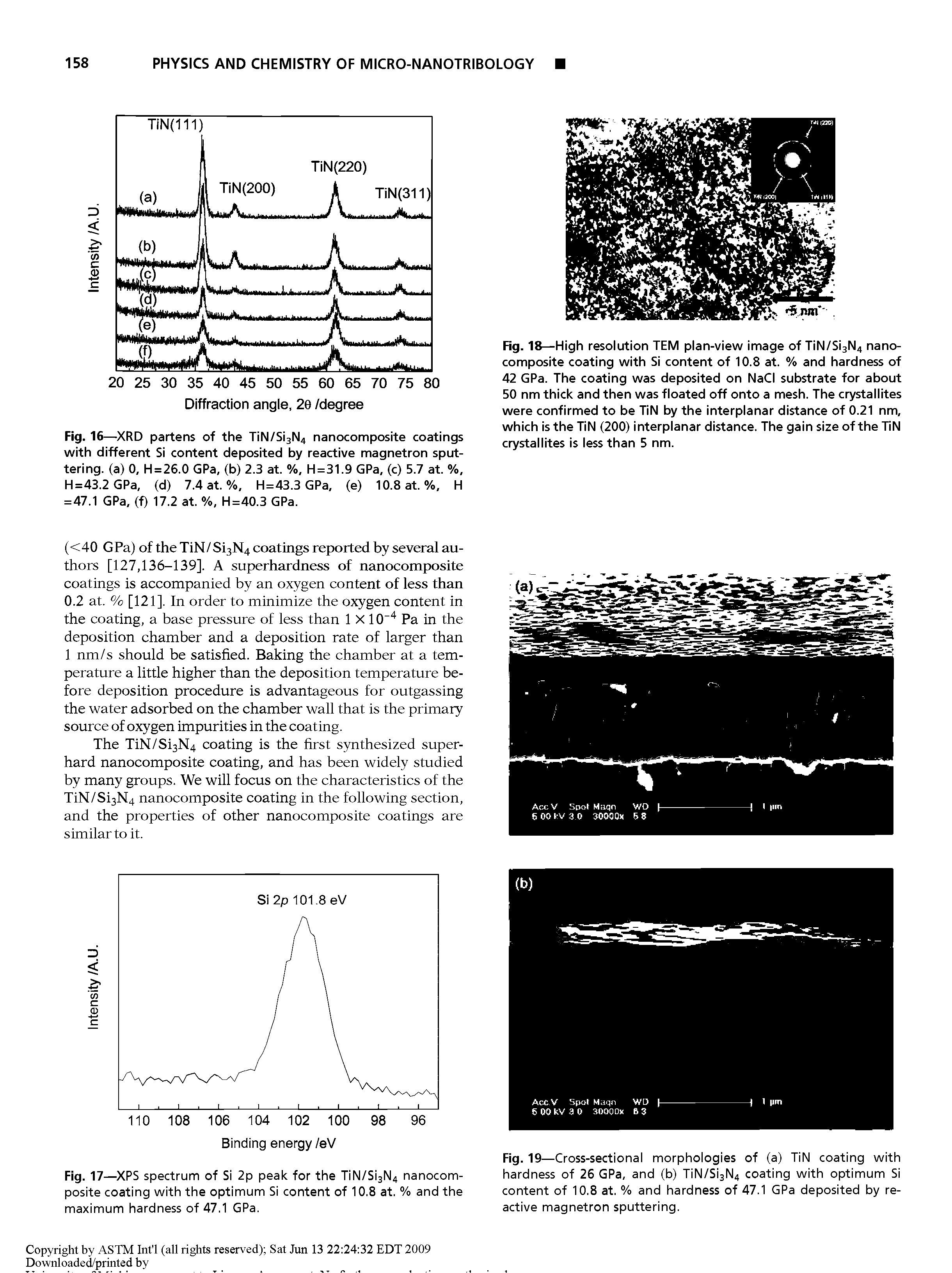 Fig. 18—High resolution TEM plan-view image of TiN/Si3N4 nanocomposite coating with Si content of 10.8 at. % and hardness of 42 GPa. The coating was deposited on NaCI substrate for about 50 nm thick and then was floated off onto a mesh. The crystallites were confirmed to be TIN by the interplanar distance of 0.21 nm, which is the TIN (200) interplanar distance. The gain size of the TiN crystallites is less than 5 nm.