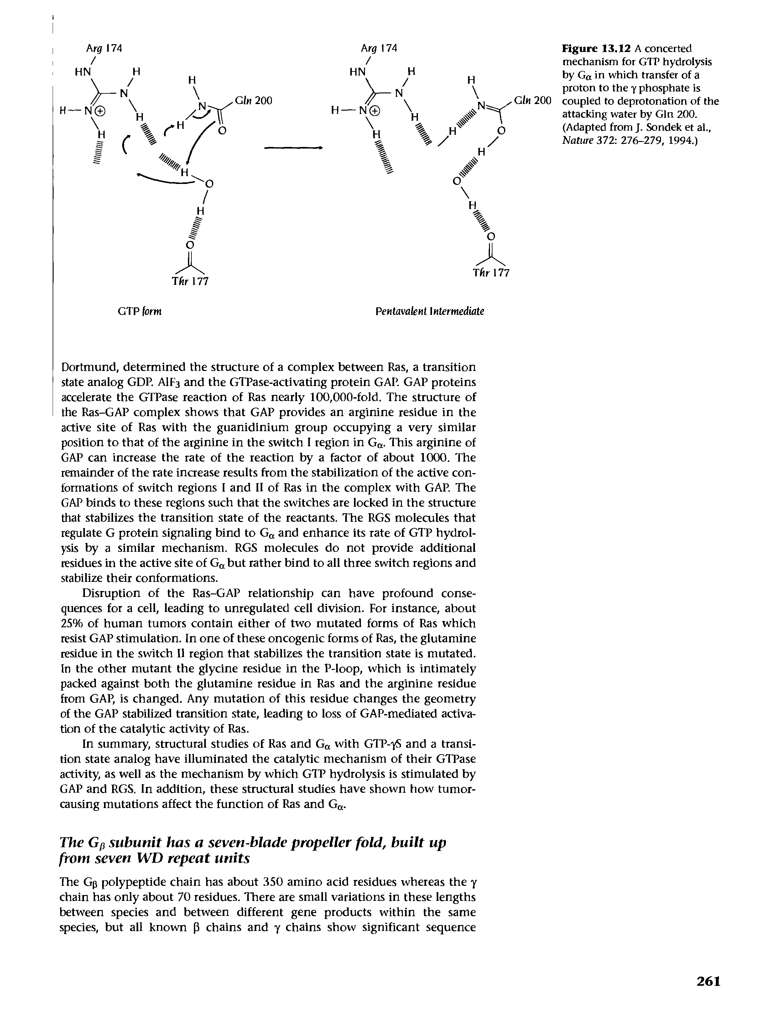 Figure 13.12 A concerted mechanism for GTP hydrolysis by Ga in which transfer of a proton to the y phosphate is coupled to deprotonation of the attacking water by Gin 200. (Adapted from J. Sondek et al., Nature 372 276-279, 1994.)...