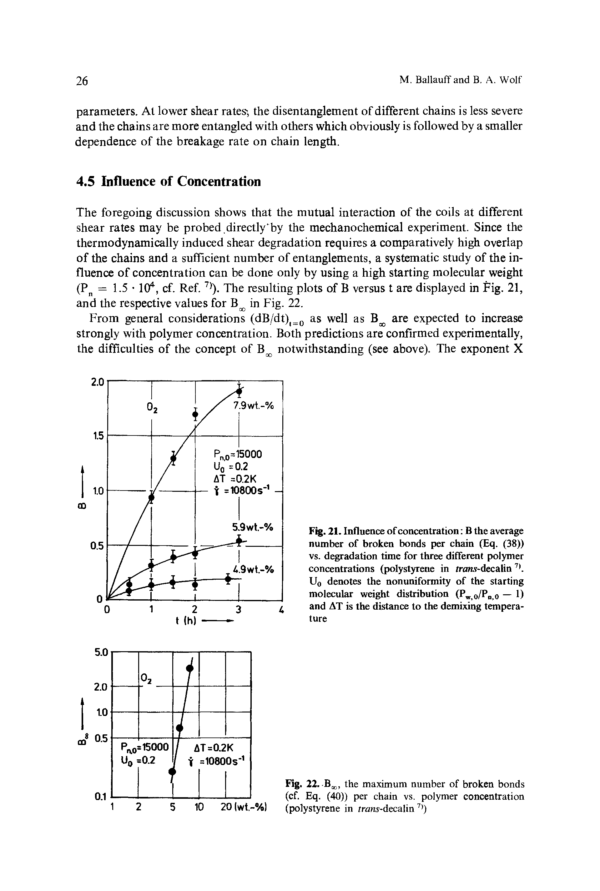 Fig. 21. Influence of concentration B the average number of broken bonds per chain (Eq. (38)) vs. degradation time for three different polymer concentrations (polystyrene in nms-decalin Uo denotes the nonuniformity of the starting molecular weight distribution (P,.o/Pd,o — 1) and AT is the distance to the dembdng temperature...