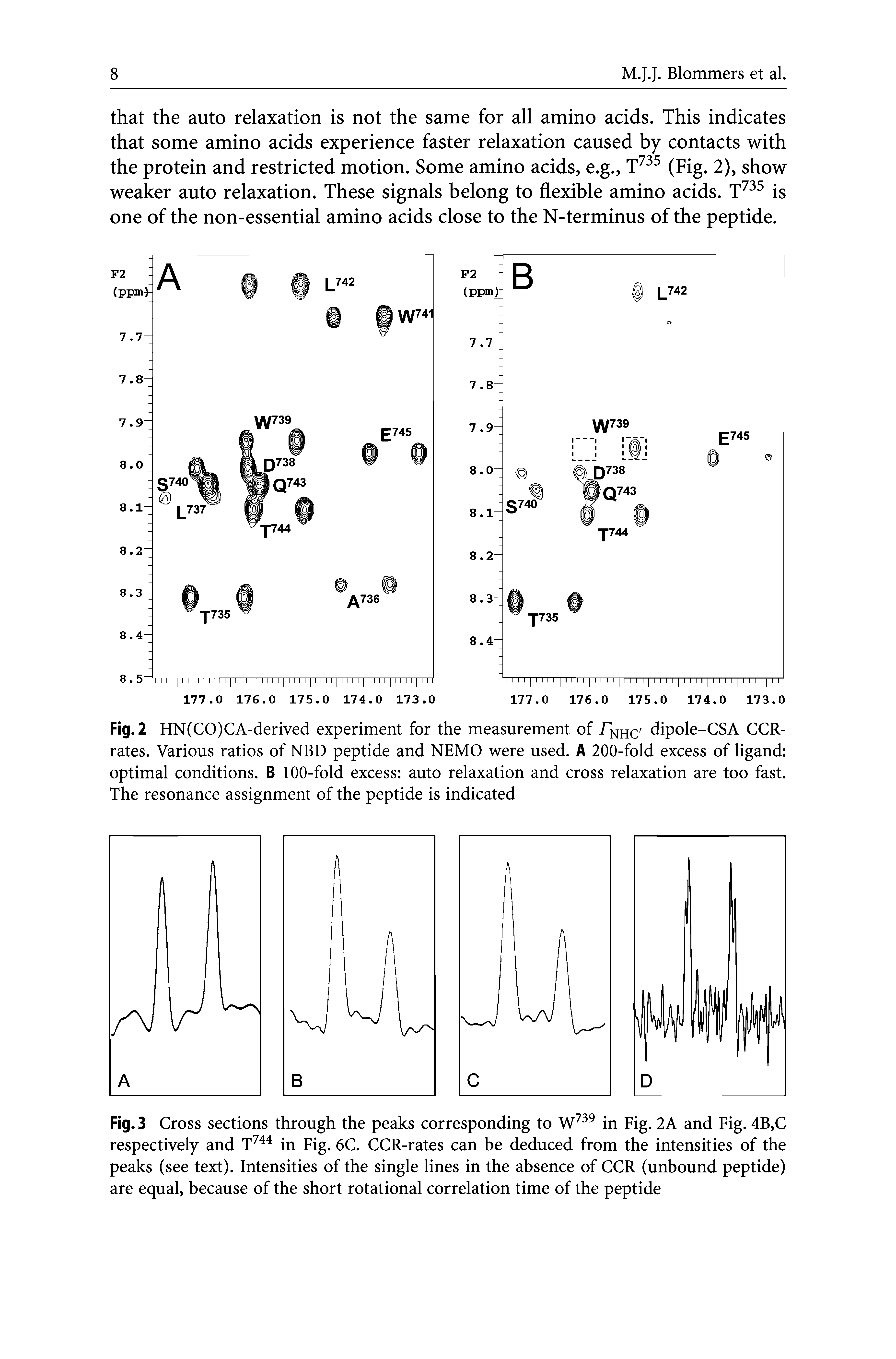 Fig. 2 HN(CO)CA-derived experiment for the measurement of /nhc dipole-CSA CCR-rates. Various ratios of NBD peptide and NEMO were used. A 200-fold excess of ligand optimal conditions. B 100-fold excess auto relaxation and cross relaxation are too fast. The resonance assignment of the peptide is indicated...