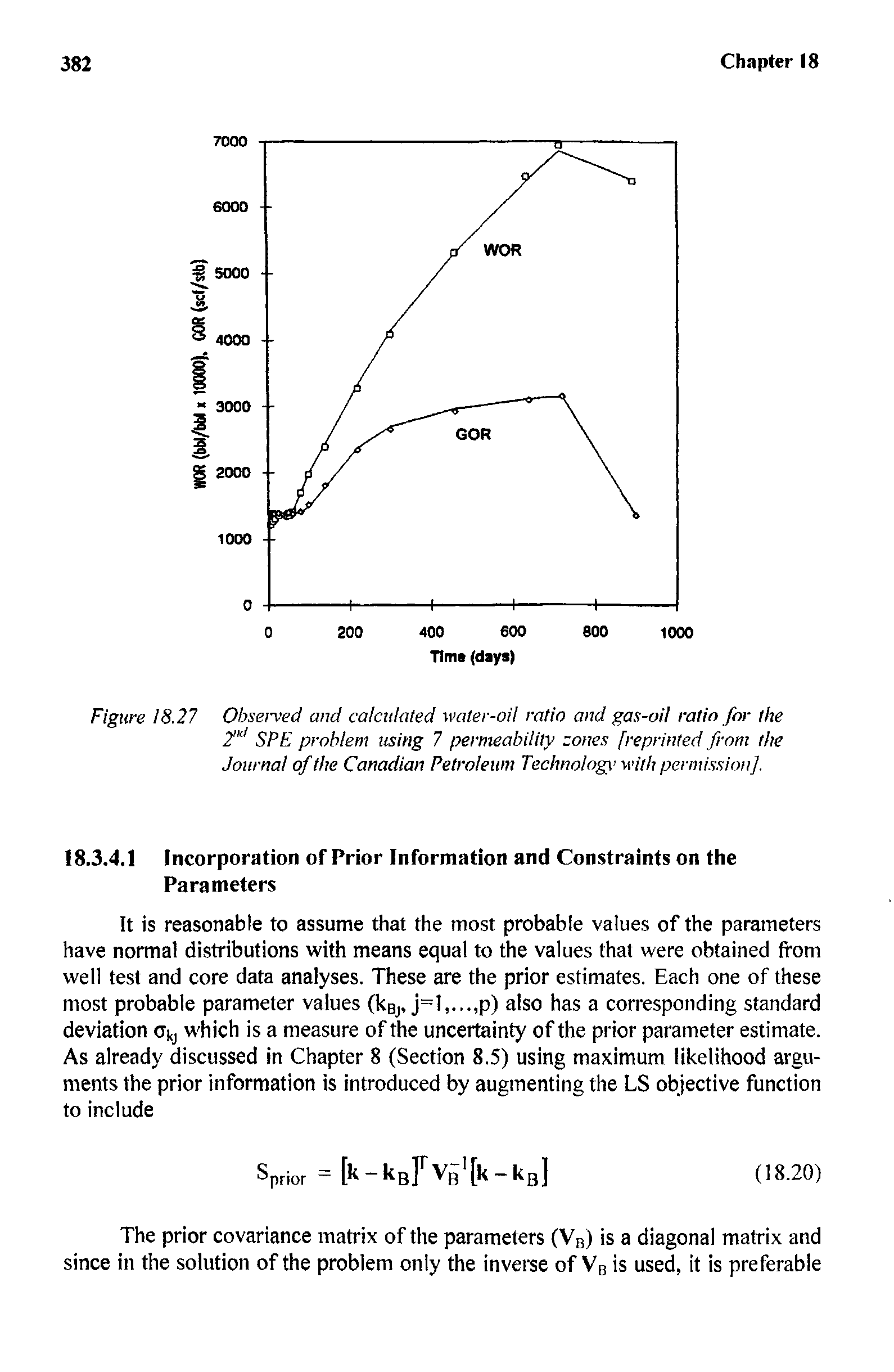 Figure 18.27 Observed and calculated water-oil ratio and gas-oil ratio for the SPE problem using 7 permeability zones [reprinted from the Journal of the Canadian Petroleum Technology with permission].
