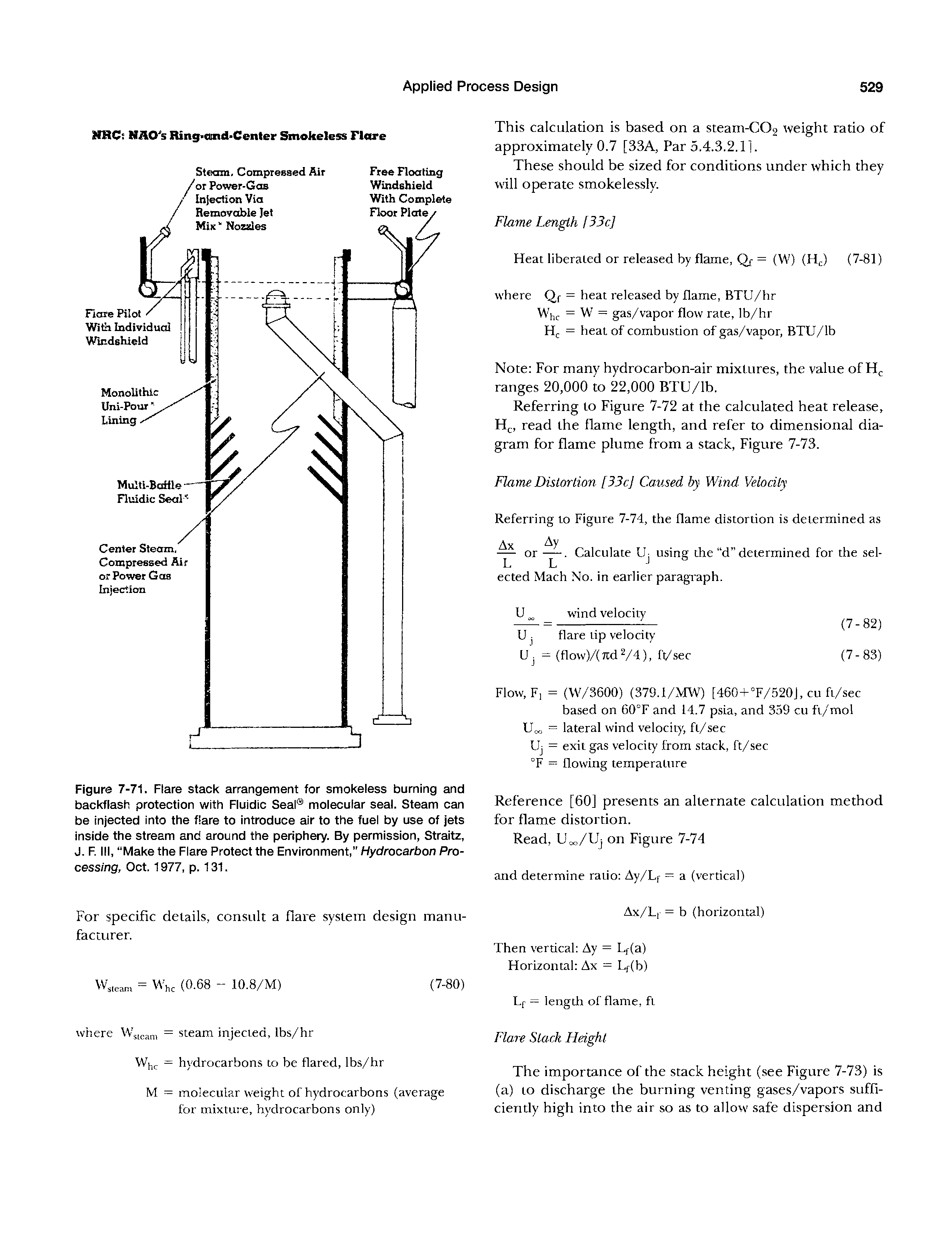 Figure 7-71. Flare stack arrangement for smokeless burning and backflash protection with Fluidic Seal molecular seal. Steam can be injected into the flare to introduce air to the fuel by use of jets inside the stream and around the periphery. By permission, Straitz, J. F. Ill, Make the Flare Protect the Environment," Hydrocarbon Processing, Oct. 1977, p. 131.