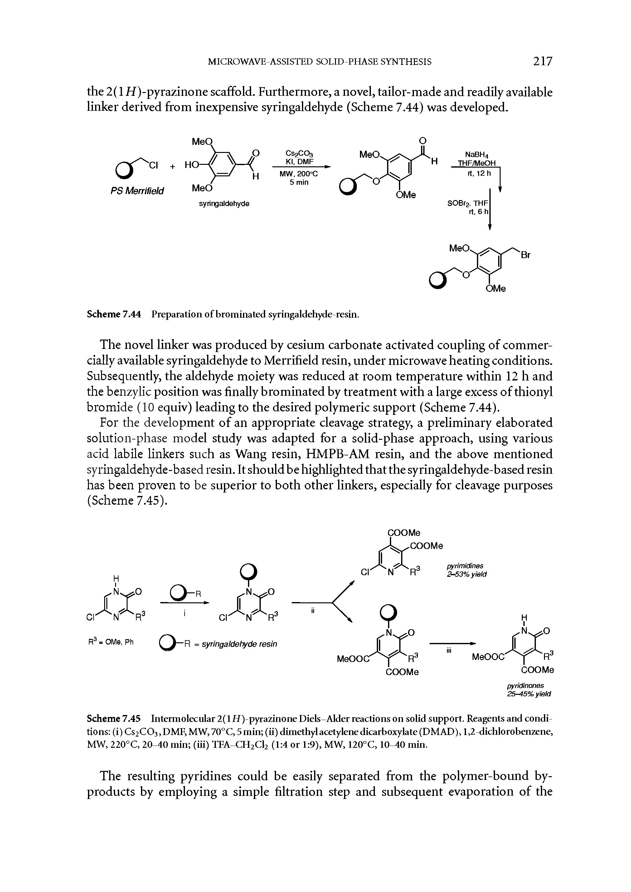 Scheme 7.45 Intermolecular 2(liT)-pyrazinone Diels-Alder reactions on solid support. Reagents and conditions (i) CS2CO3, DMF, MW, 70° C, 5 min (ii) dimethyl acetylene dicarboxylate (DMAD), 1,2-dichlorobenzene, MW, 220°C, 20-40 min (iii) TFA-CH2C12 (1 4 or 1 9), MW, 120°C, 10-40 min.