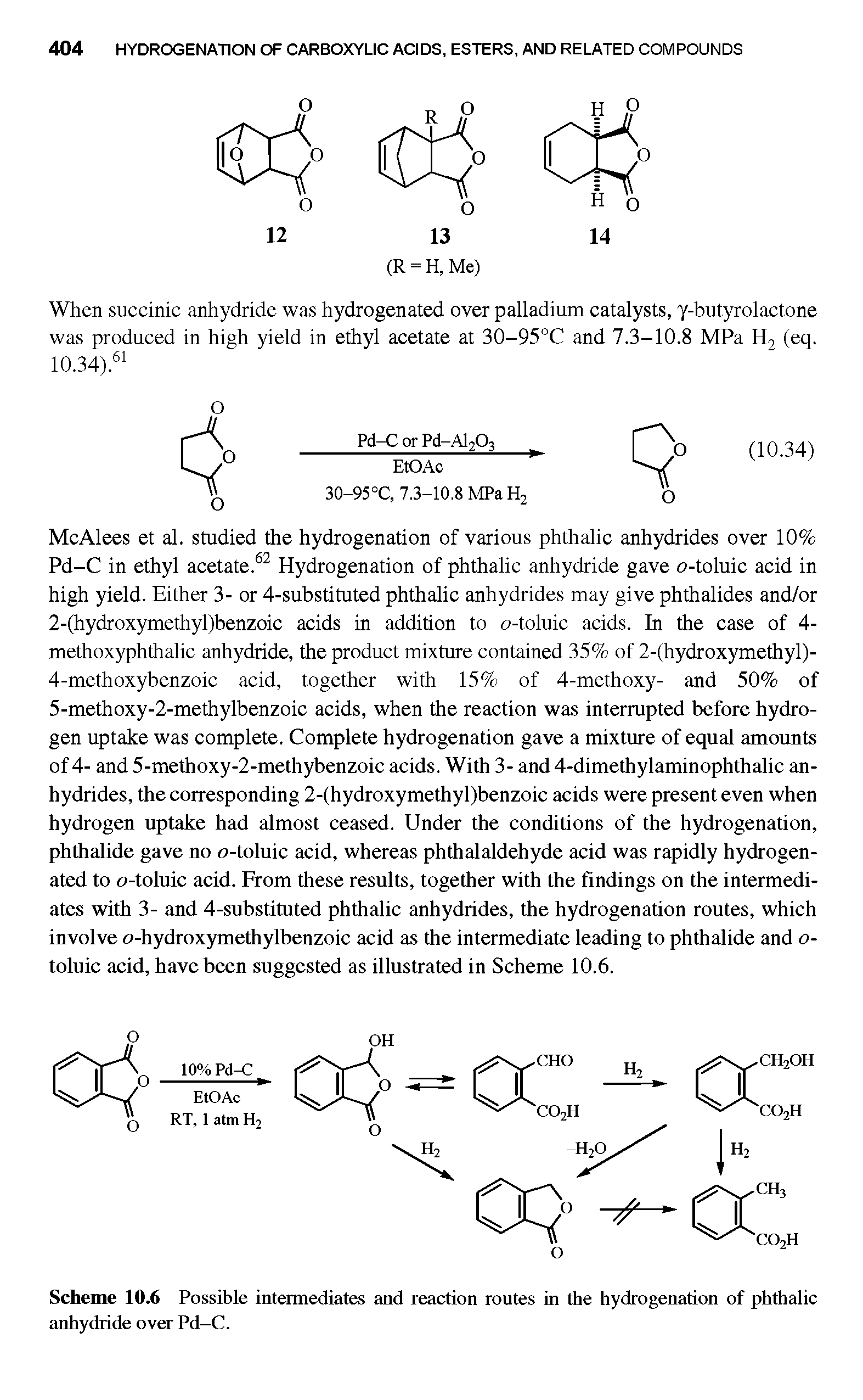 Scheme 10.6 Possible intermediates and reaction routes in the hydrogenation of phthalic anhydride over Pd-C.