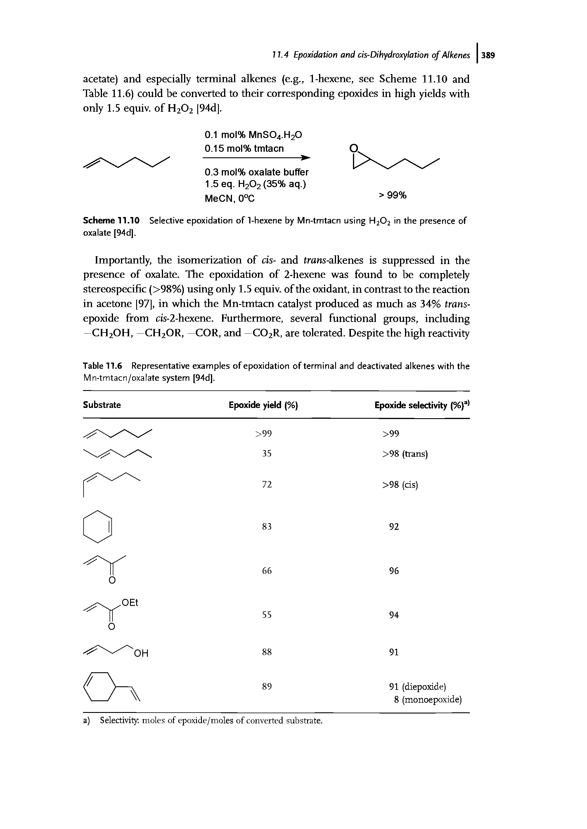 Scheme 11.10 Selective epoxidation of 1-hexene by Mn-tmtacn using H2O2 in the presence of oxalate [94d].