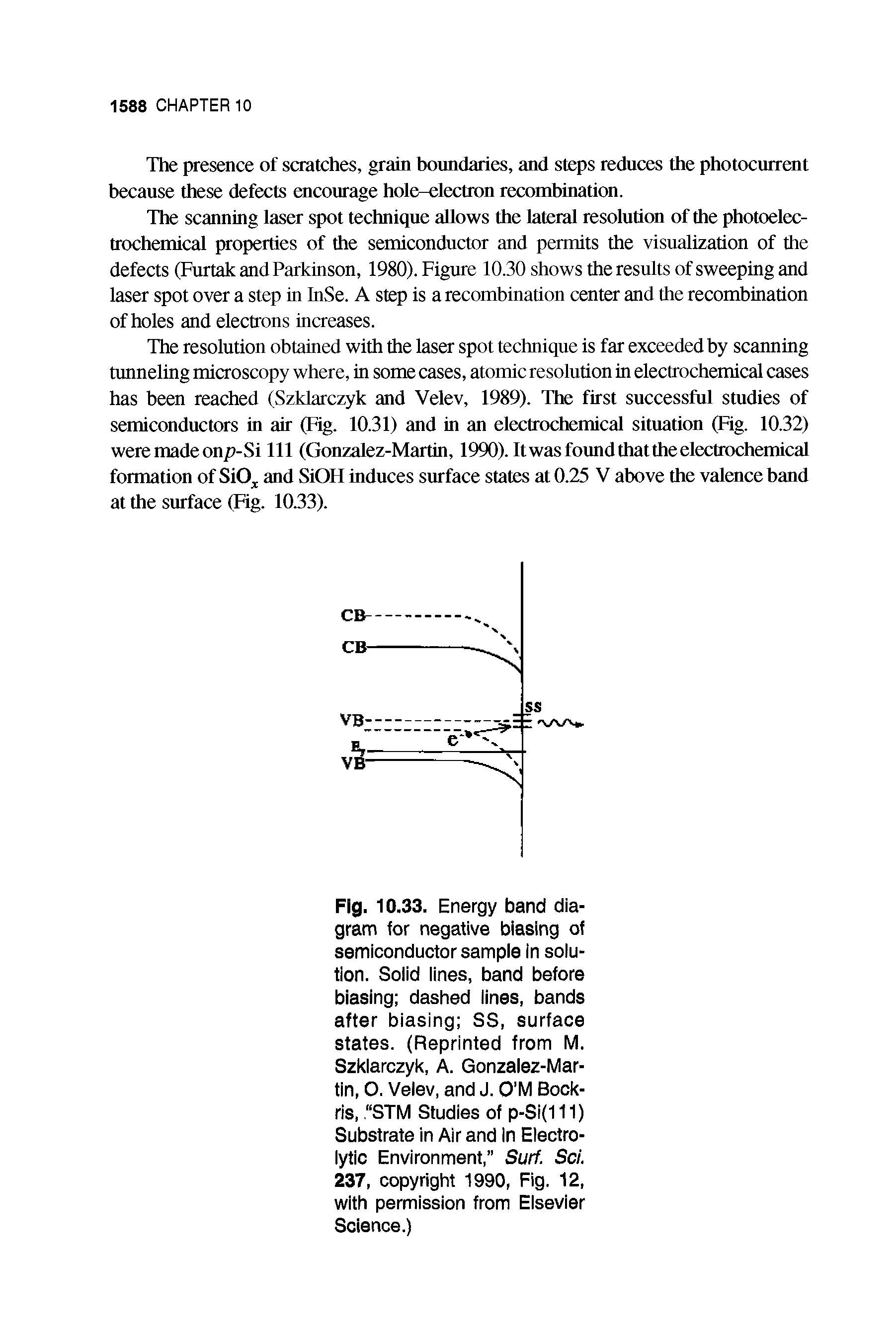 Fig. 10.33. Energy band diagram for negative biasing of semiconductor sample in solution. Solid lines, band before biasing dashed lines, bands after biasing SS, surface states. (Reprinted from M. Szklarczyk, A. Gonzalez-Mar-tin, O. Velev, and J. O M Bock-ris, STM Studies of p-Si(111) Substrate in Air and in Electrolytic Environment, Surf. Sci. 237, copyright 1990, Fig. 12, with permission from Elsevier Science.)...