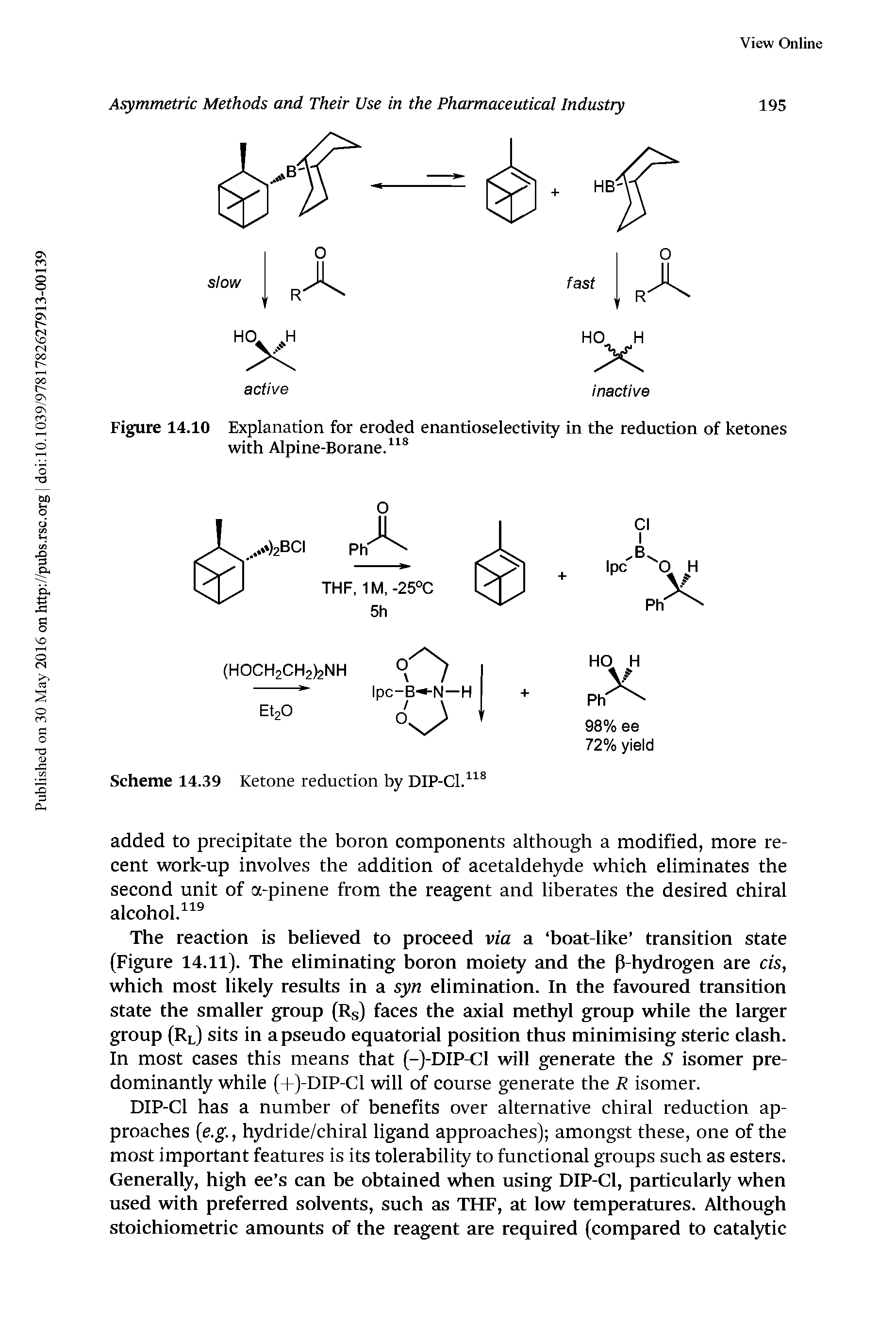 Figure 14.10 Explanation for eroded enantioselectivity in the reduction of ketones with Alpine-Borane. ...