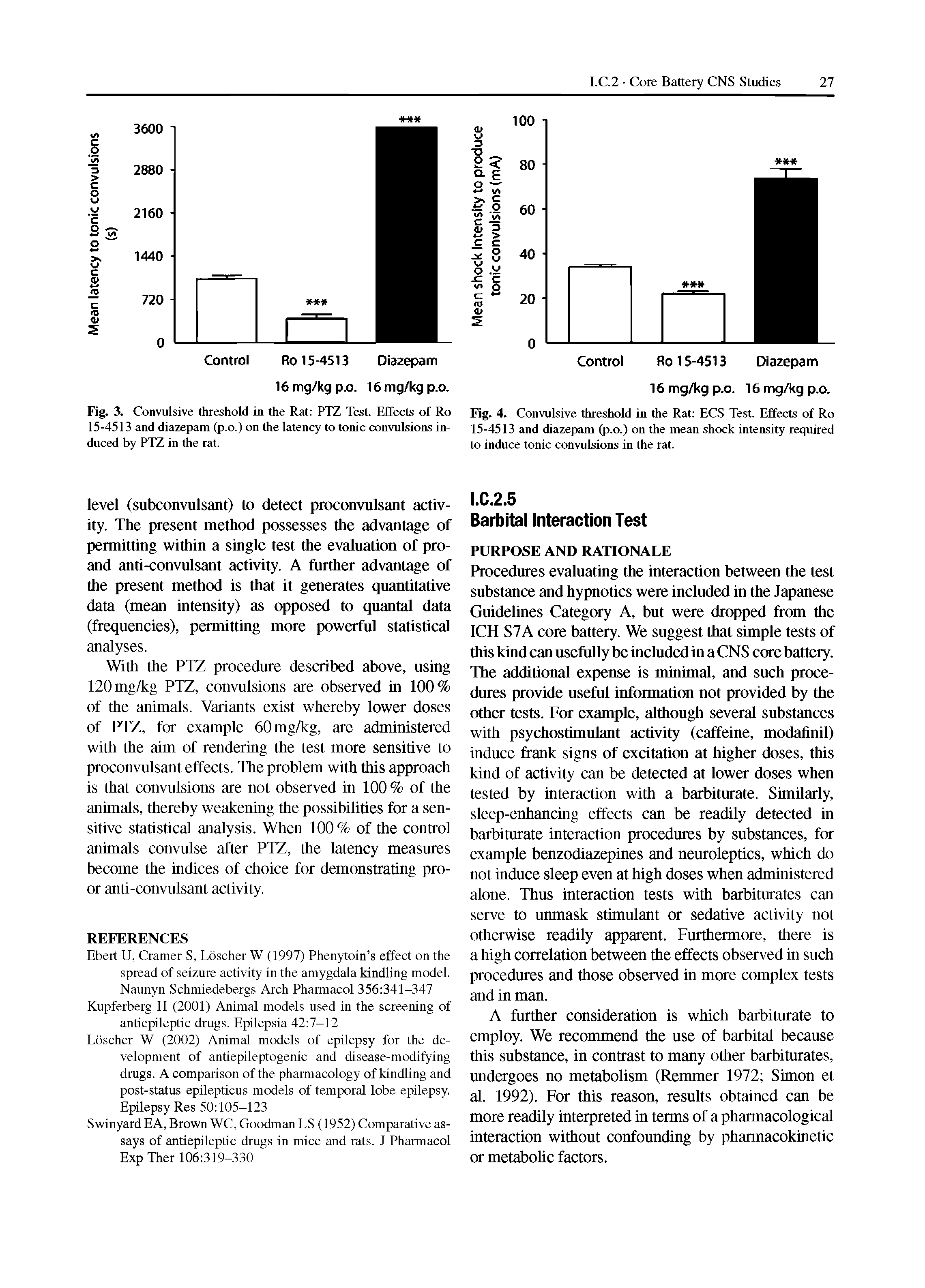 Fig. 3. Convulsive threshold in the Rat PTZ Test. Effects of Ro 15-4513 and diazepam (p.o.) on the latency to tonic convulsions induced by PTZ in the rat.