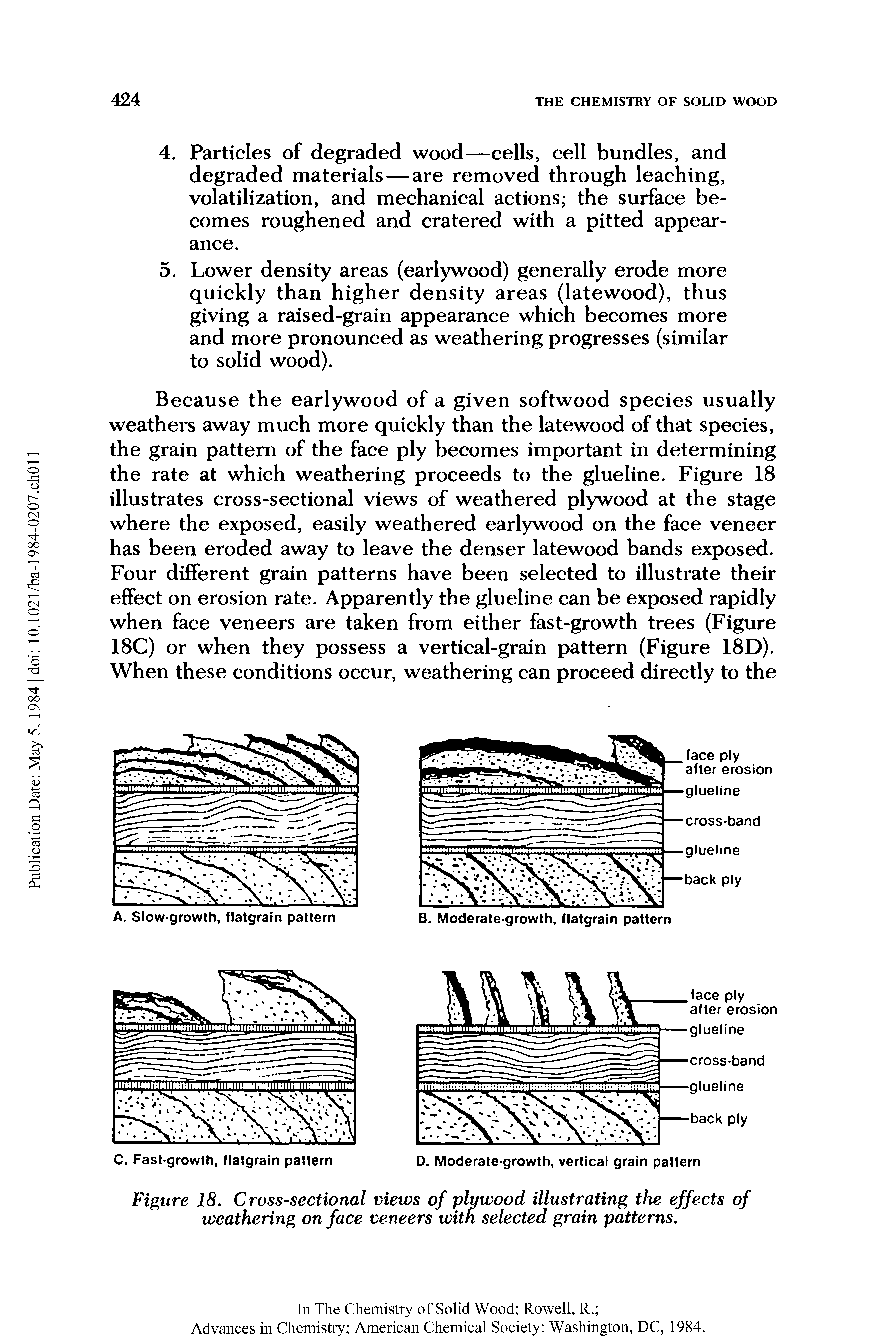 Figure 18. Cross-sectional views of plywood illustrating the effects of weathering on face veneers with selected grain patterns.