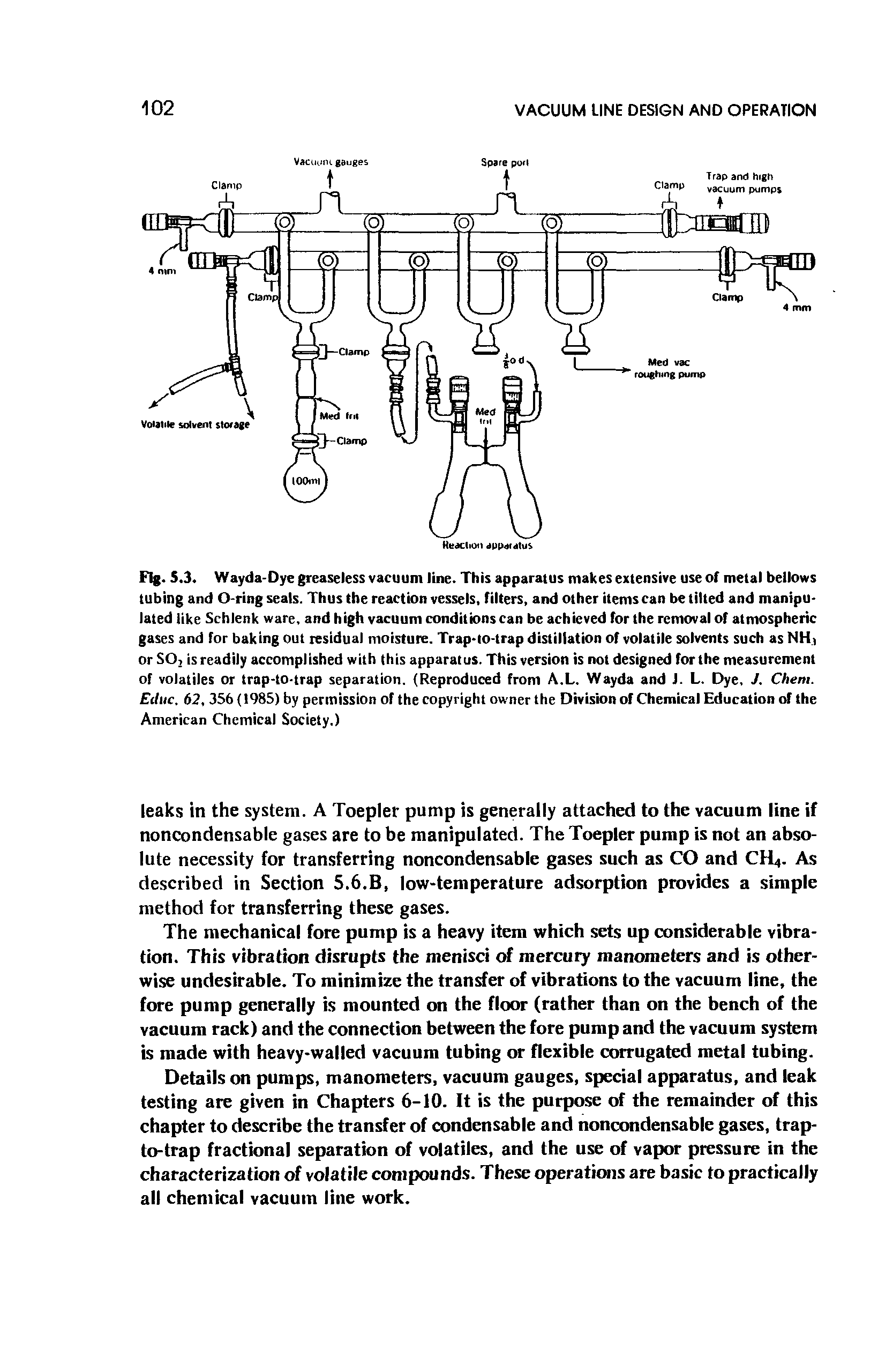 Fig. 5.3. Wayda-Dye greaseless vacuum line. This apparatus makes extensive use of metal bellows tubing and O-ring seals. Thus the reaction vessels, filters, and other items can be tilted and manipu lated like Schlenk ware, and high vacuum conditions can be achieved for the removal of atmospheric gases and for baking out residual moisture. Trap to-trap distillation of volatile solvents such as NH) or SO is readily accomplished with this apparatus. This version is not designed for the measurement of volatiles or trap-to-trap separation. (Reproduced from A.L. Way da and J. L. Dye, J. Chent. Educ. 62, 356 (1985) by permission of the copyright owner the Division of Chemical Education of the American Chemical Society.)...