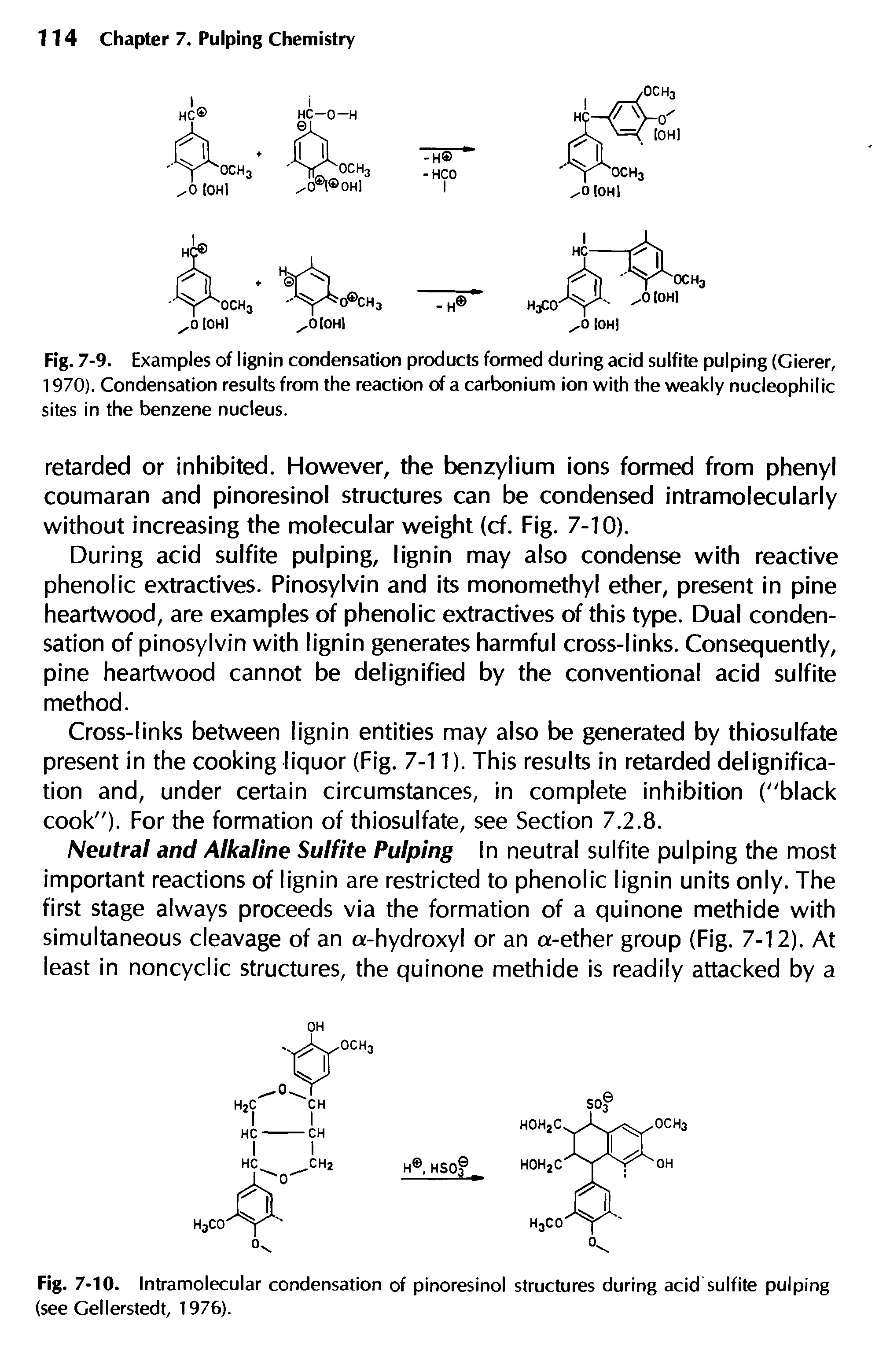Fig. 7-9. Examples of lignin condensation products formed during acid sulfite pulping (Gierer, 1970). Condensation results from the reaction of a carbonium ion with the weakly nucleophilic sites in the benzene nucleus.