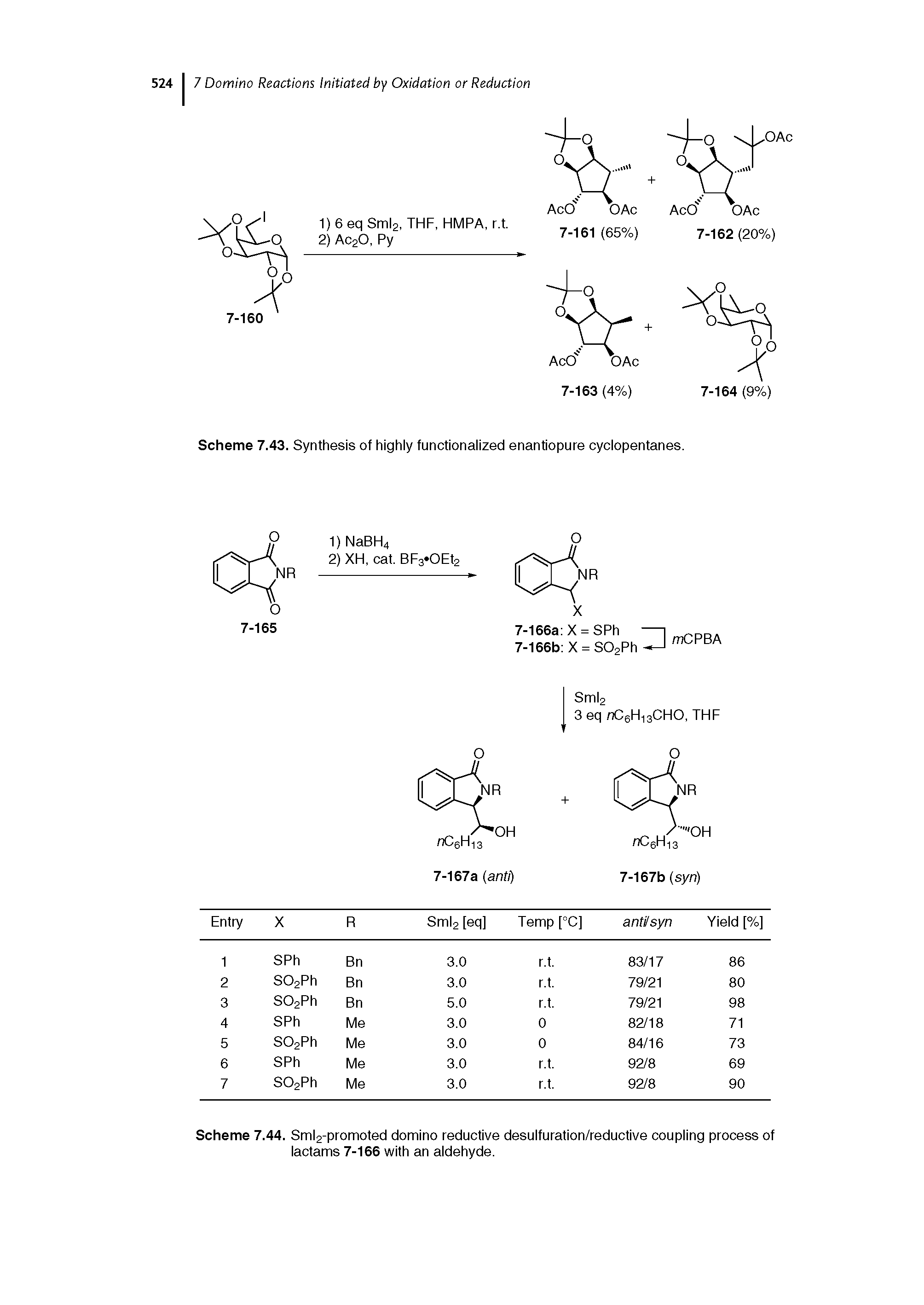 Scheme 7.44. Sml2-promoted domino reductive desulfuration/reductive coupling process of lactams 7-166 with an aldehyde.
