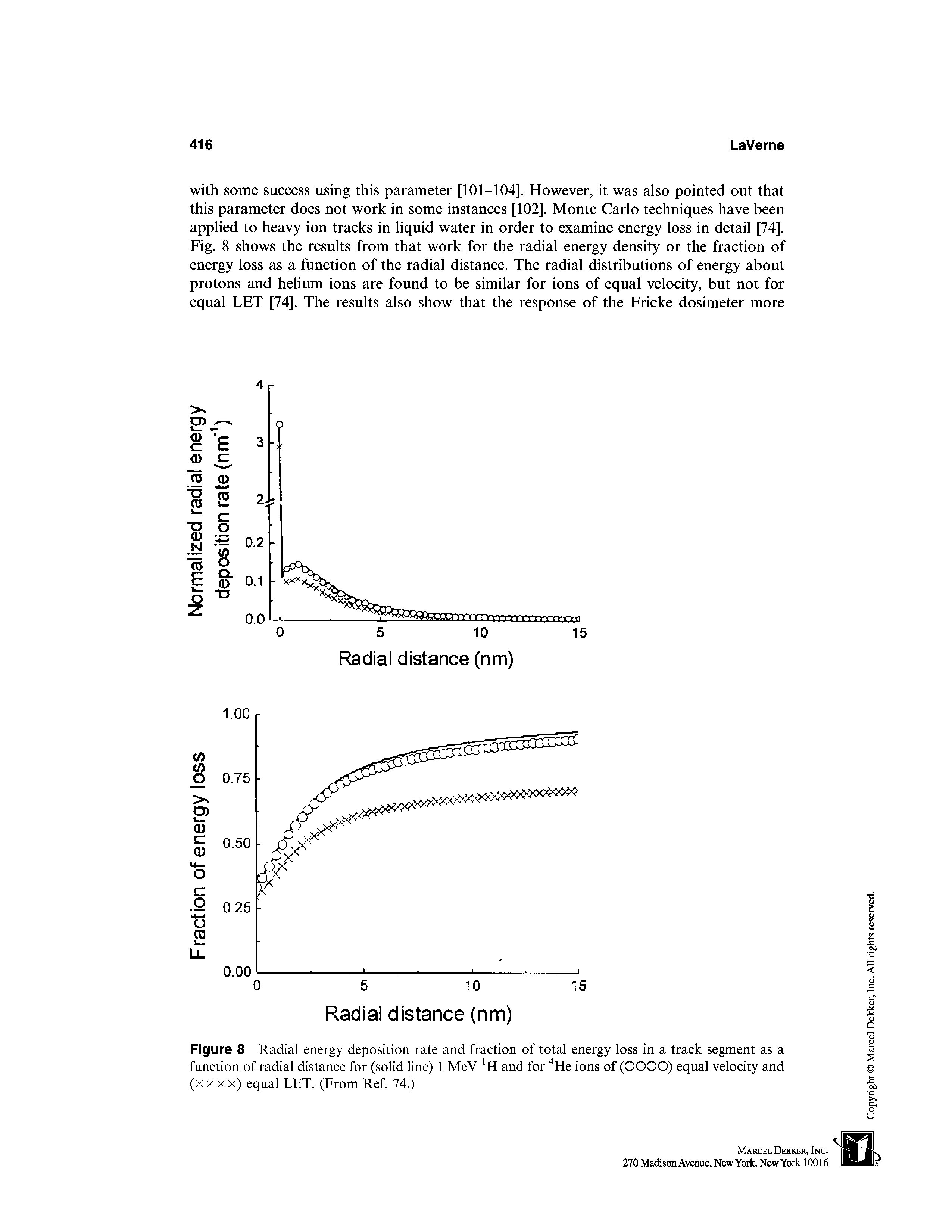 Figure 8 Radial energy deposition rate and fraction of total energy loss in a track segment as a function of radial distance for (solid line) 1 MeV and for He ions of (OOOO) equal velocity and (x X X x) equal LET. (From Ref. 74.)...