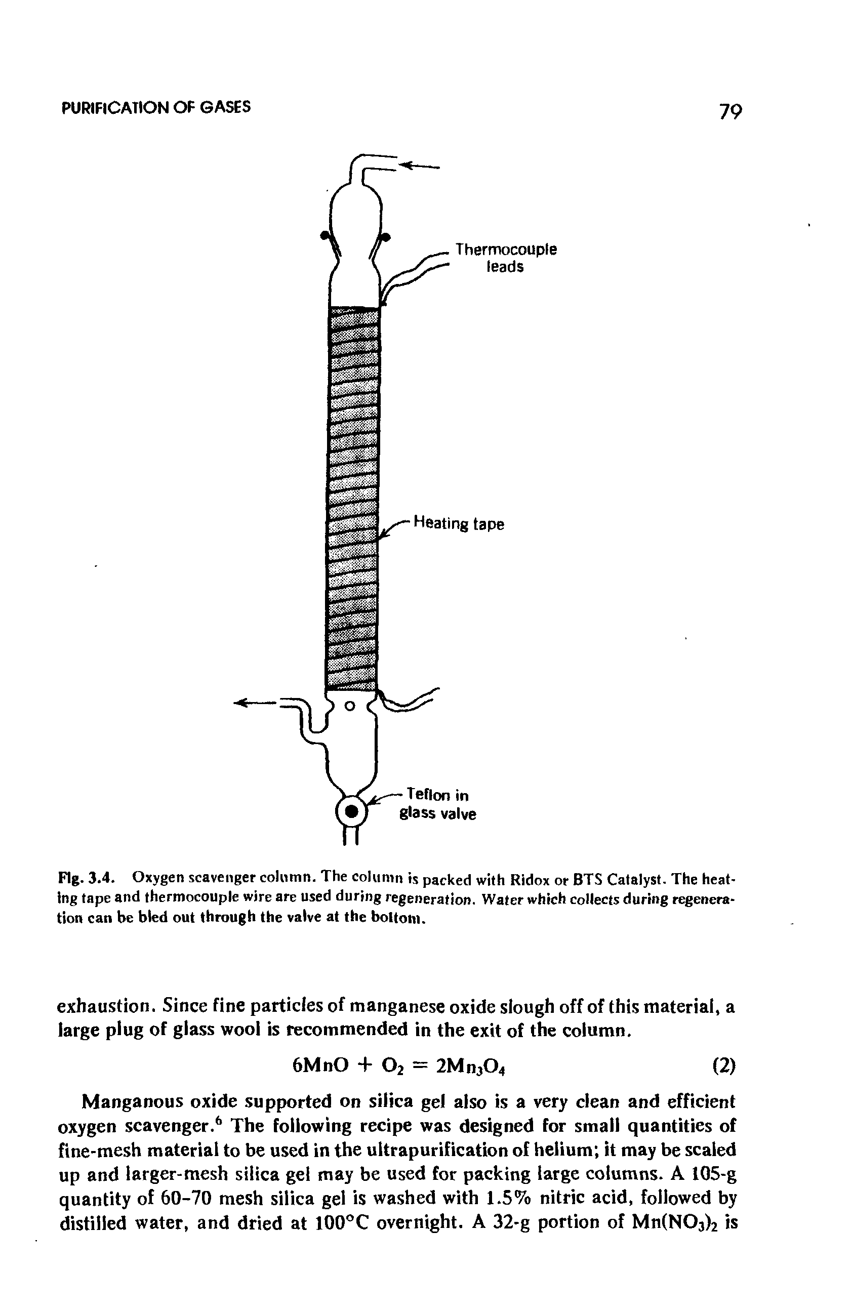 Fig. 3.4. Oxygen scavenger column. The column is packed with Ridox or BTS Catalyst. The heating tape and thermocouple wire are used during regeneration. Water which collects during regeneration can be bled out through the valve at the bottom.