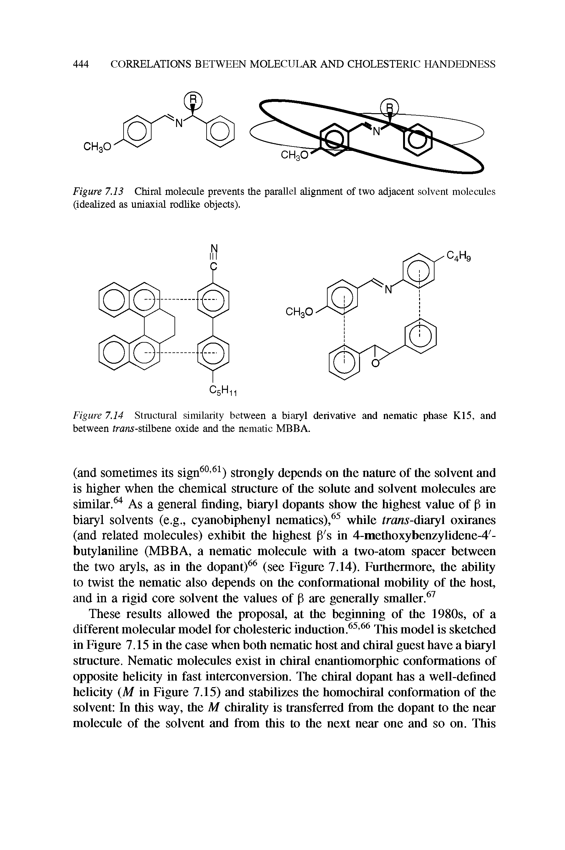 Figure 7.14 Structural similarity between a biaryl derivative and nematic phase K15, and between Irans-stilbene oxide and the nematic MBBA.