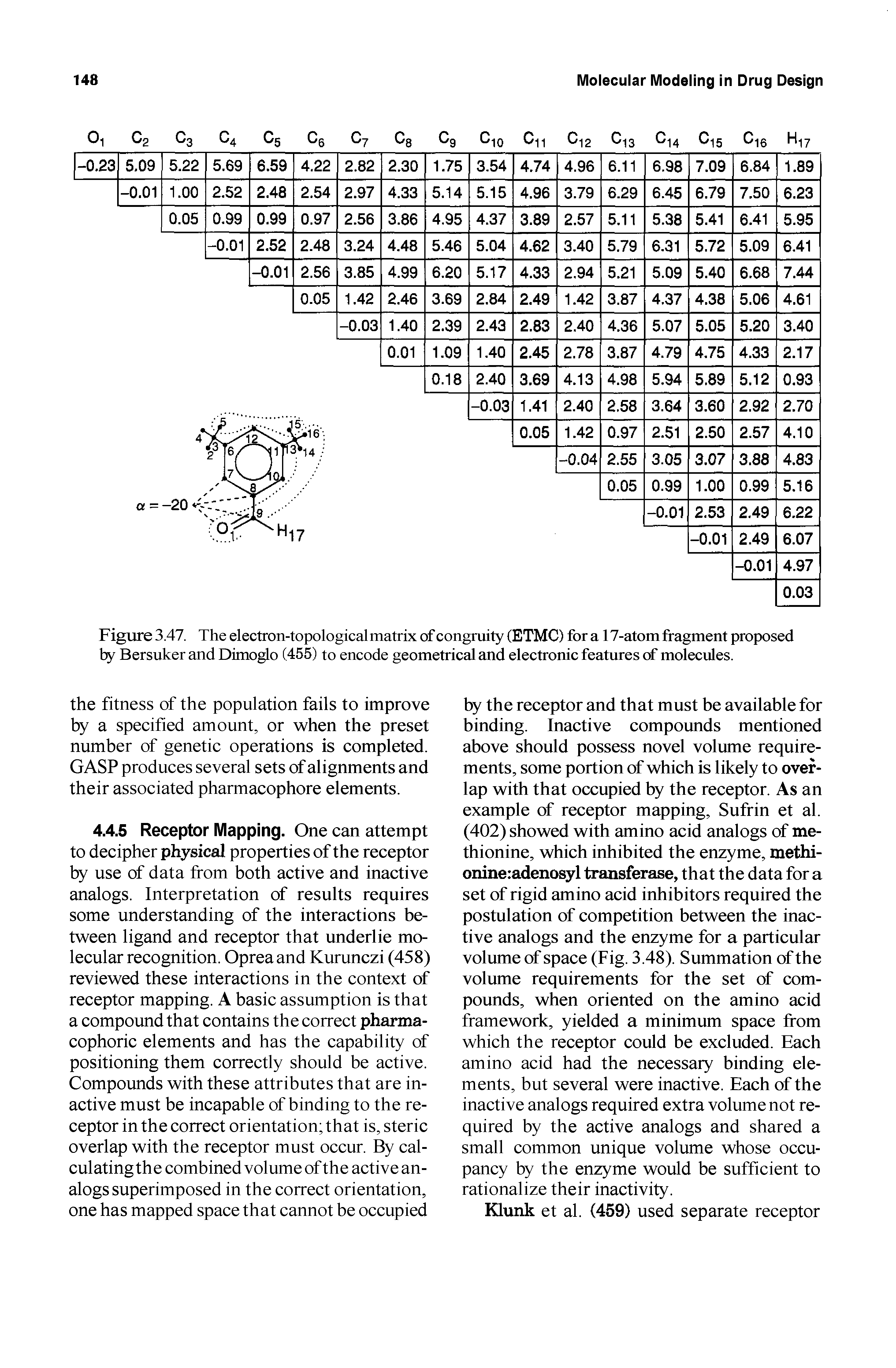 Figure 3.47. The electron-topological matrix of congruity (ETMC) for a 17-atom fragment proposed by Bersuker and Dimoglo (455) to encode geometrical and electronic features of molecules.