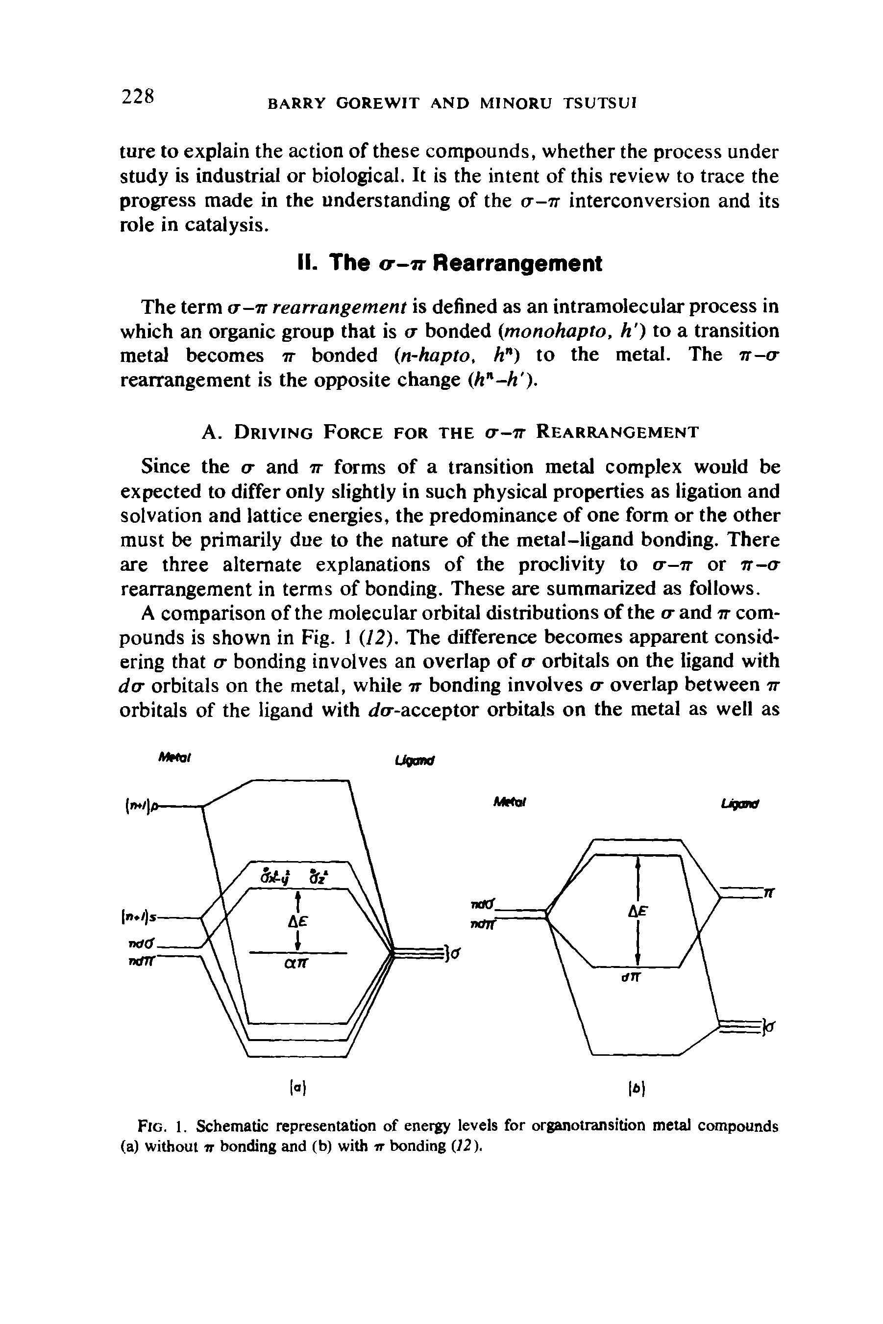 Fig. 1. Schematic representation of energy levels for organotransition metal compounds (a) without n bonding and (b) with ir bonding (12).