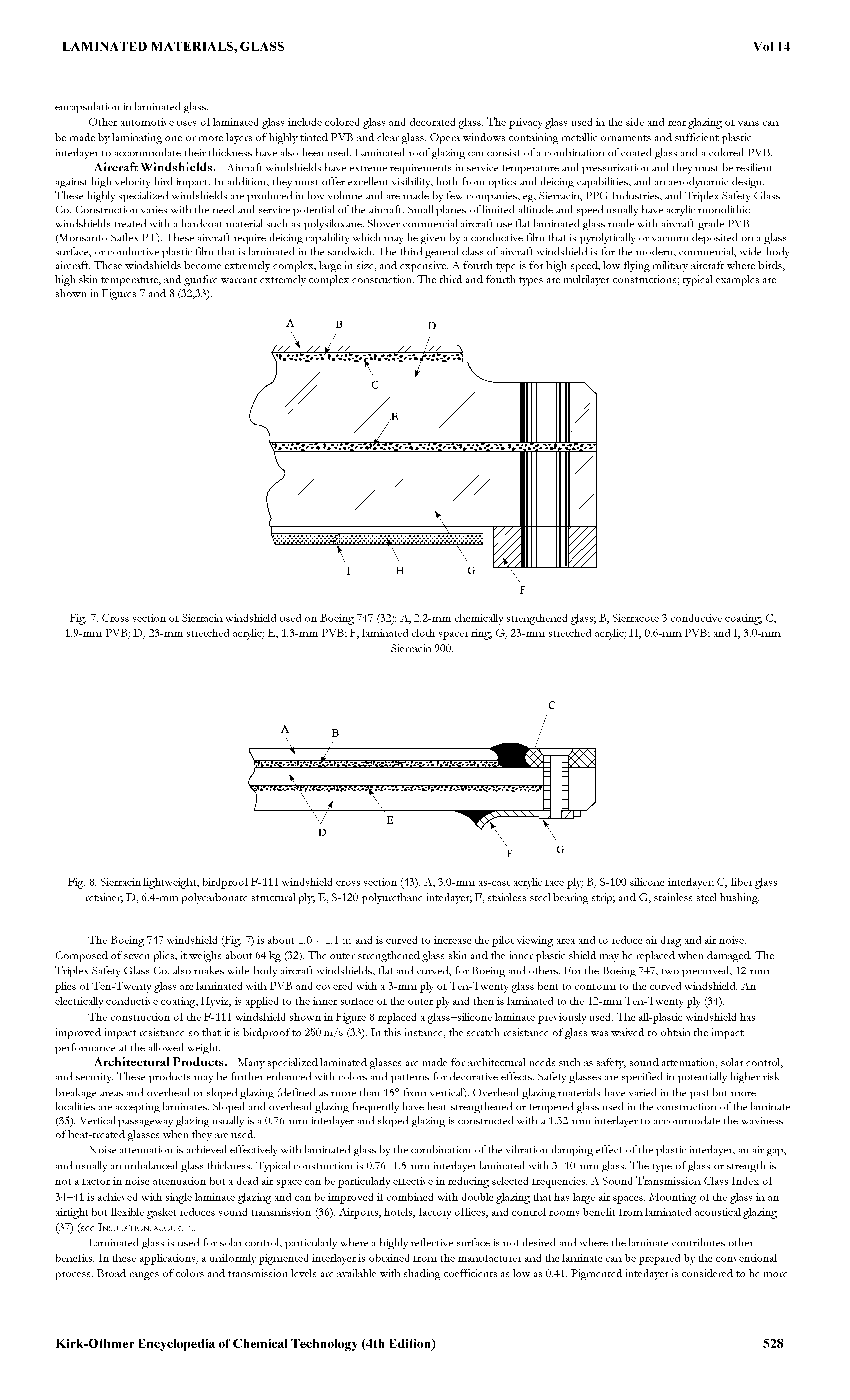 Fig. 7. Cross section of Sierracin windshield used on Boeing 747 (32) A, 2.2-mm chemically strengthened glass B, Sierracote 3 conductive coating C, 1.9-mm PVB D, 23-mm stretched acryflc E, 1.3-mm PVB F, laminated cloth spacer ring G, 23-mm stretched acryflc H, 0.6-mm PVB and I, 3.0-mm...