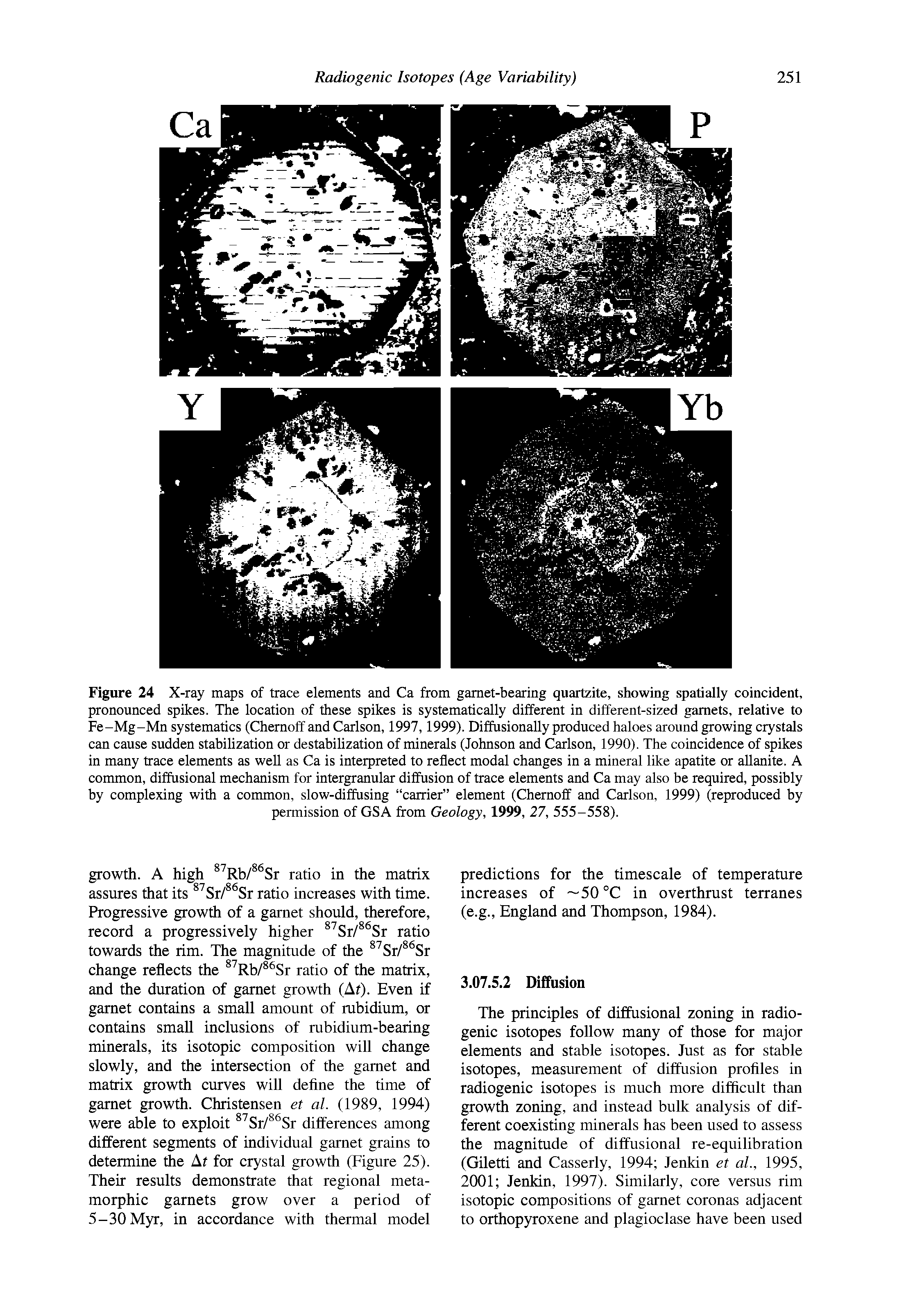 Figure 24 X-ray maps of trace elements and Ca from garnet-bearing quartzite, showing spatially coincident, pronounced spikes. The location of these spikes is systematically different in different-sized garnets, relative to Fe-Mg-Mn systematics (Chernoff and Carlson, 1997,1999). Diffusionally produced haloes around growing crystals can cause sudden stabilization or destabilization of minerals (Johnson and Carlson, 1990). The coincidence of spikes in many trace elements as well as Ca is interpreted to reflect modal changes in a mineral like apatite or allanite. A common, diffusional mechanism for intergranular diffusion of trace elements and Ca may also be required, possibly by complexing with a common, slow-diffusing carrier element (Chernoff and Carlson, 1999) (reproduced by permission of GSA from Geology, 1999, 27, 555-558).