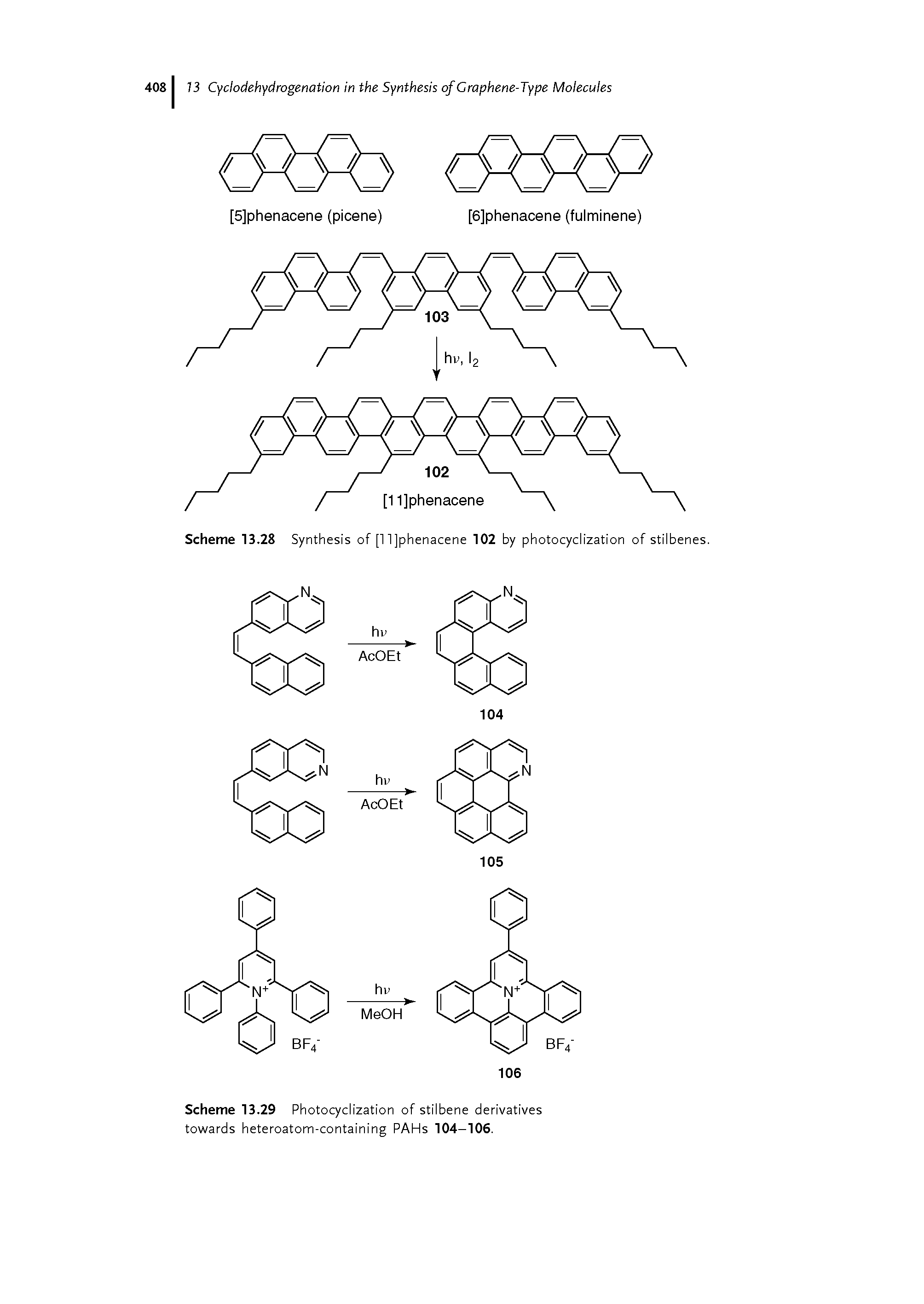 Scheme 13.29 Photocyclization of stilbene derivatives towards heteroatom-containing PAHs 104-106.