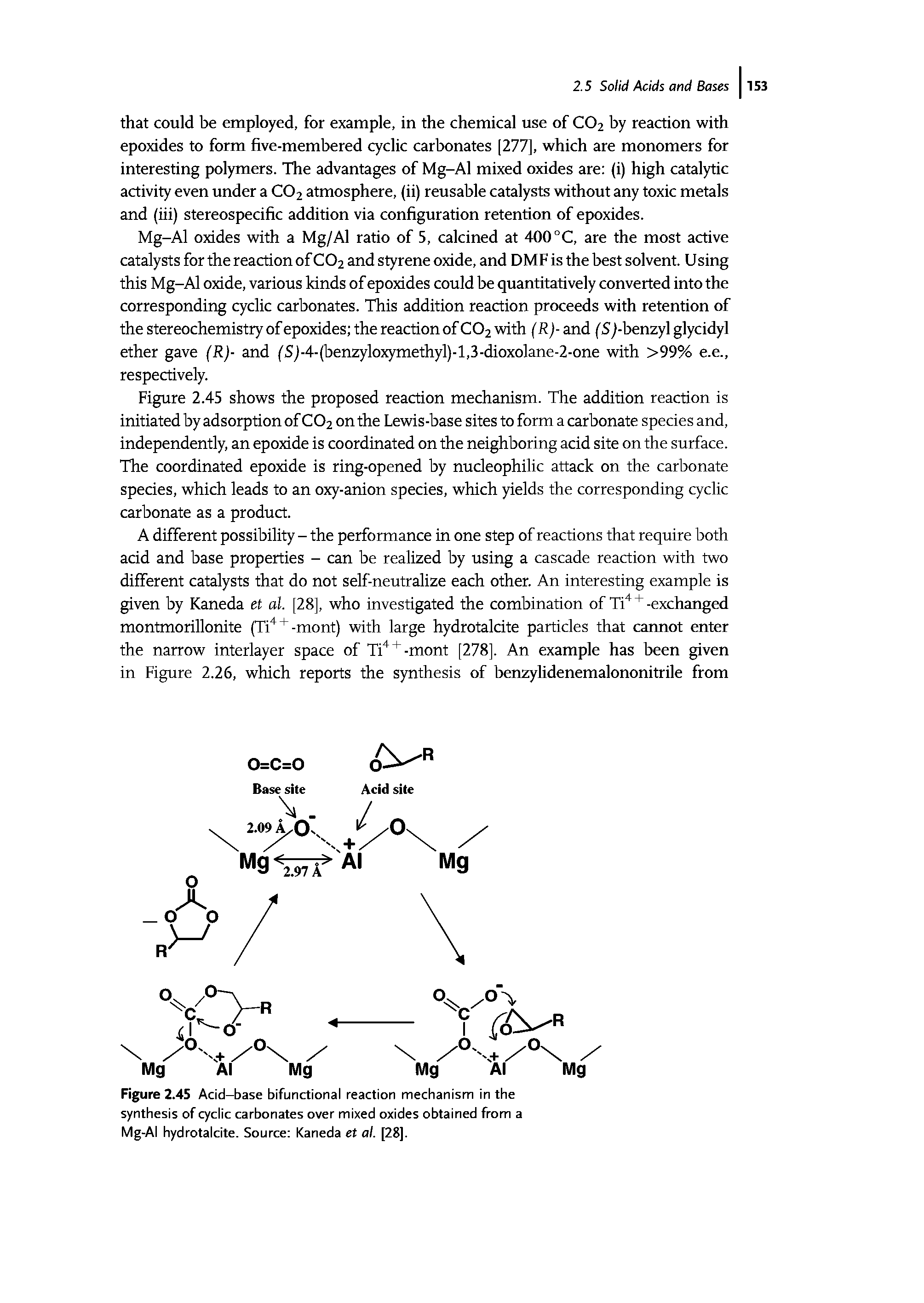 Figure 2.45 Acid-base bifunctional reaction mechanism in the synthesis of cyclic carbonates over mixed oxides obtained from a Mg-Al hydrotalcite. Source Kaneda et al. [28].