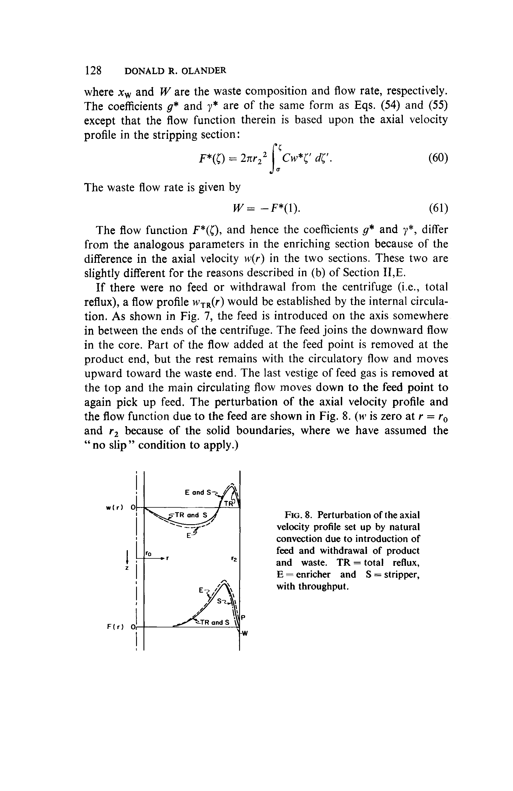 Fig. 8. Perturbation of the axial velocity profile set up by natural convection due to introduction of feed and withdrawal of product and waste. TR = total reflux, E = enricher and S = stripper, with throughput.
