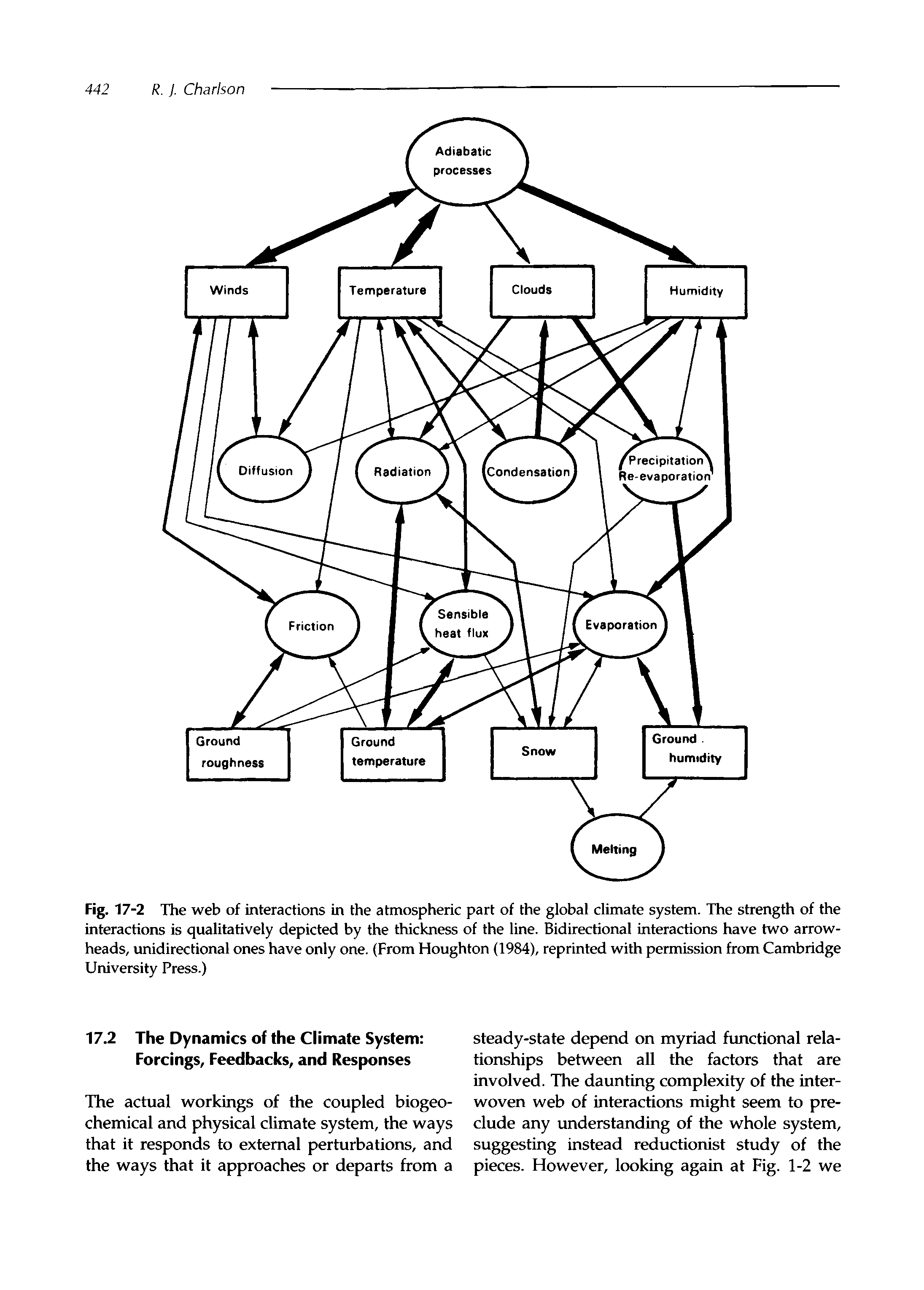 Fig. 17-2 The web of interactions in the atmospheric part of the global climate system. The strength of the interactions is qualitatively depicted by the thickness of the line. Bidirectional interactions have two arrowheads, unidirectional ones have only one. (From Houghton (1984), reprinted with permission from Cambridge University Press.)...